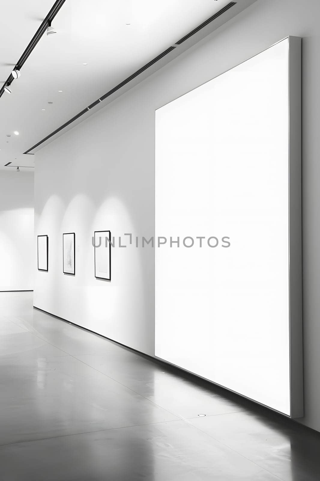 A grey hallway with a large rectangular white billboard as the main fixture on the wood flooring. The monochrome art and glass elements add tints and shades to the monochrome photography