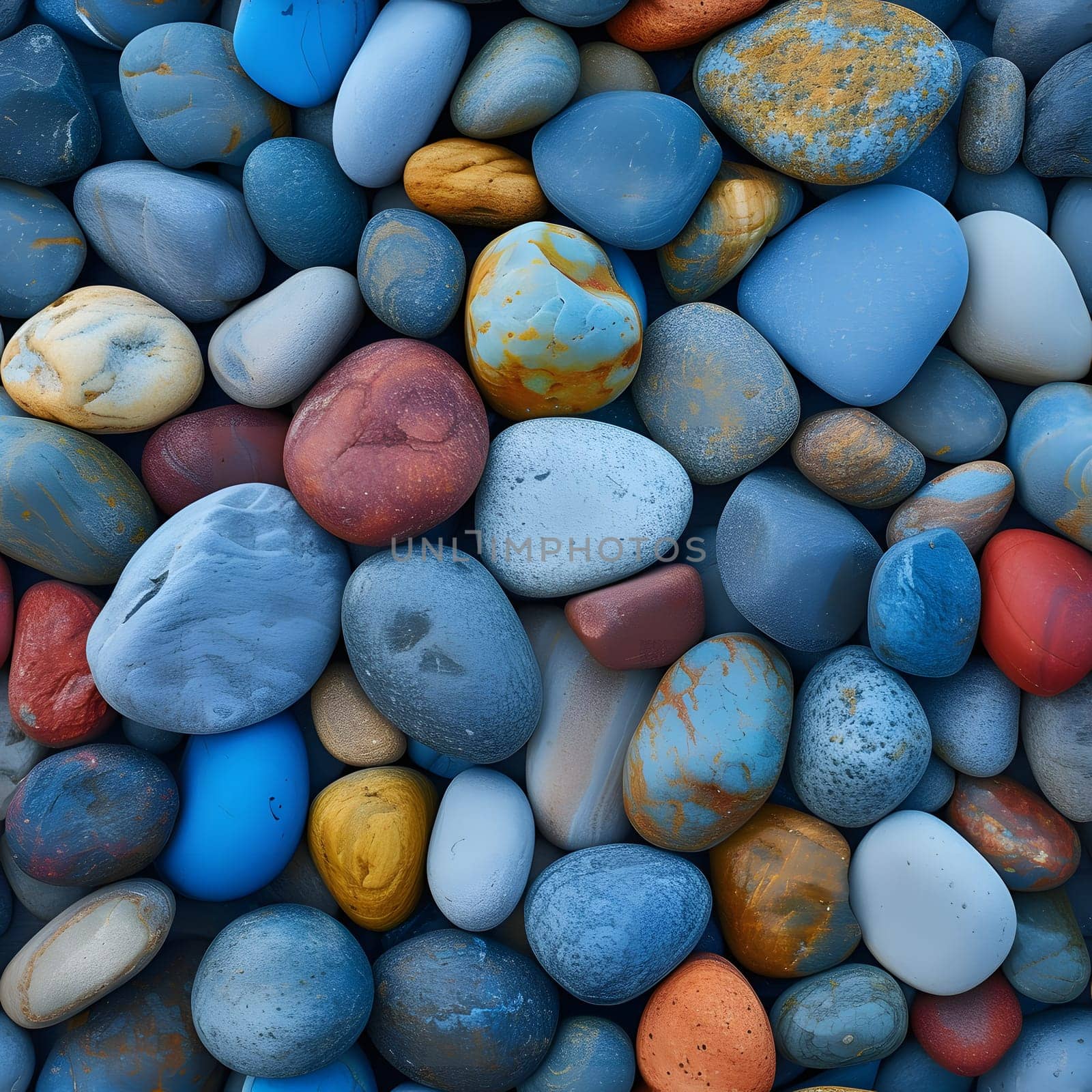 Seamless texture and full-frame background of colorful round beach pebbles with high angle view. Neural network generated image. Not based on any actual scene or pattern.