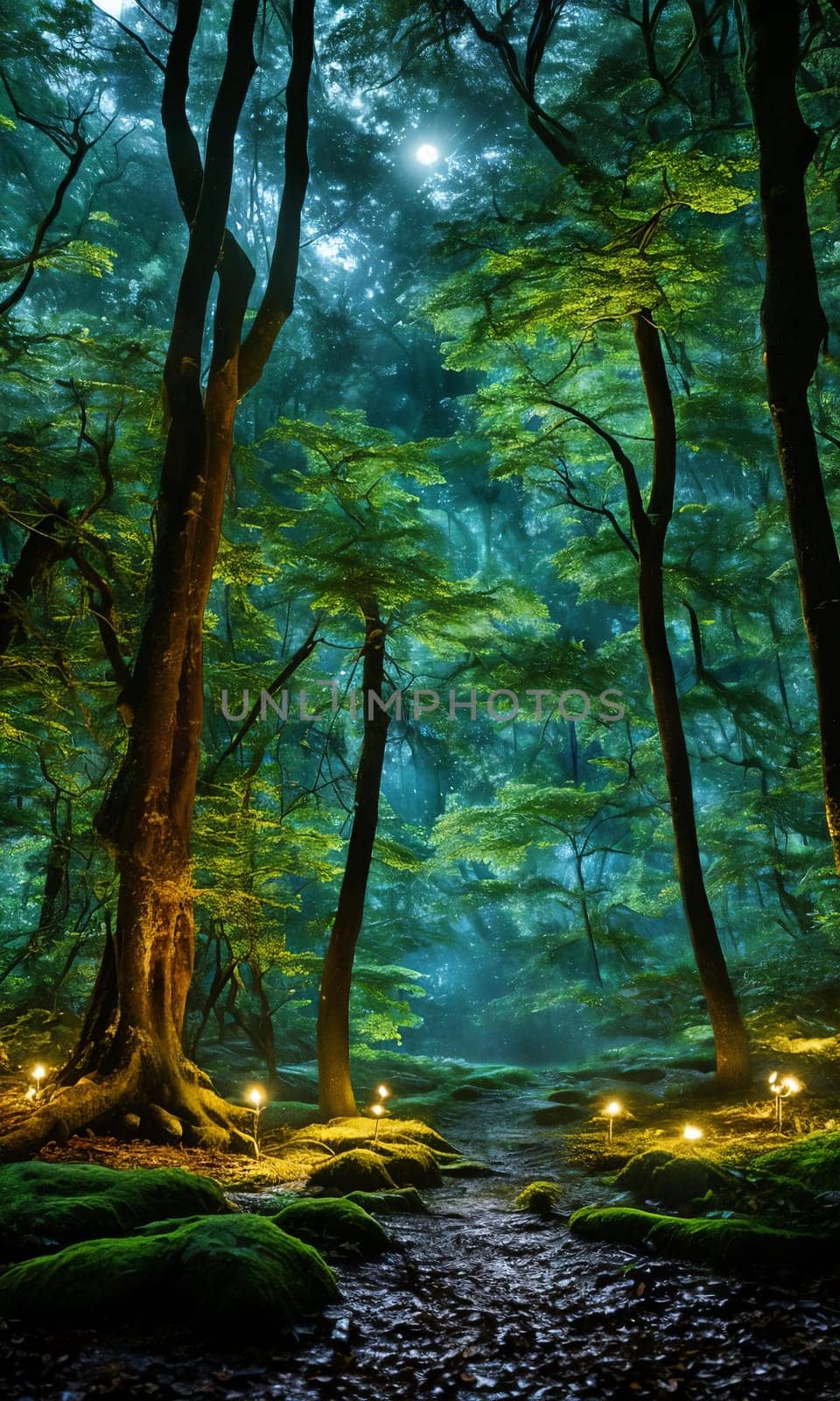 Moonlit Forest Glade. Amidst ancient trees, a moonbeam illuminates a hidden glade. Dew-kissed mushrooms glow softly, and fireflies dance in the night. Ethereal beauty of this mystical meeting place.