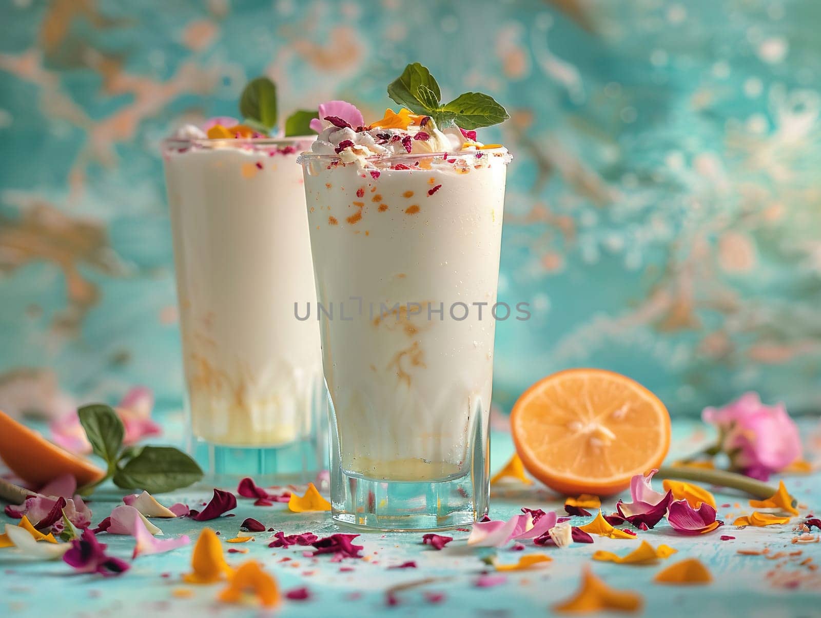 Delicious lassi photography, explosion flavors, studio lighting, studio background well-lit vibrant colors, sharp-focus, high-quality, artistic, unique