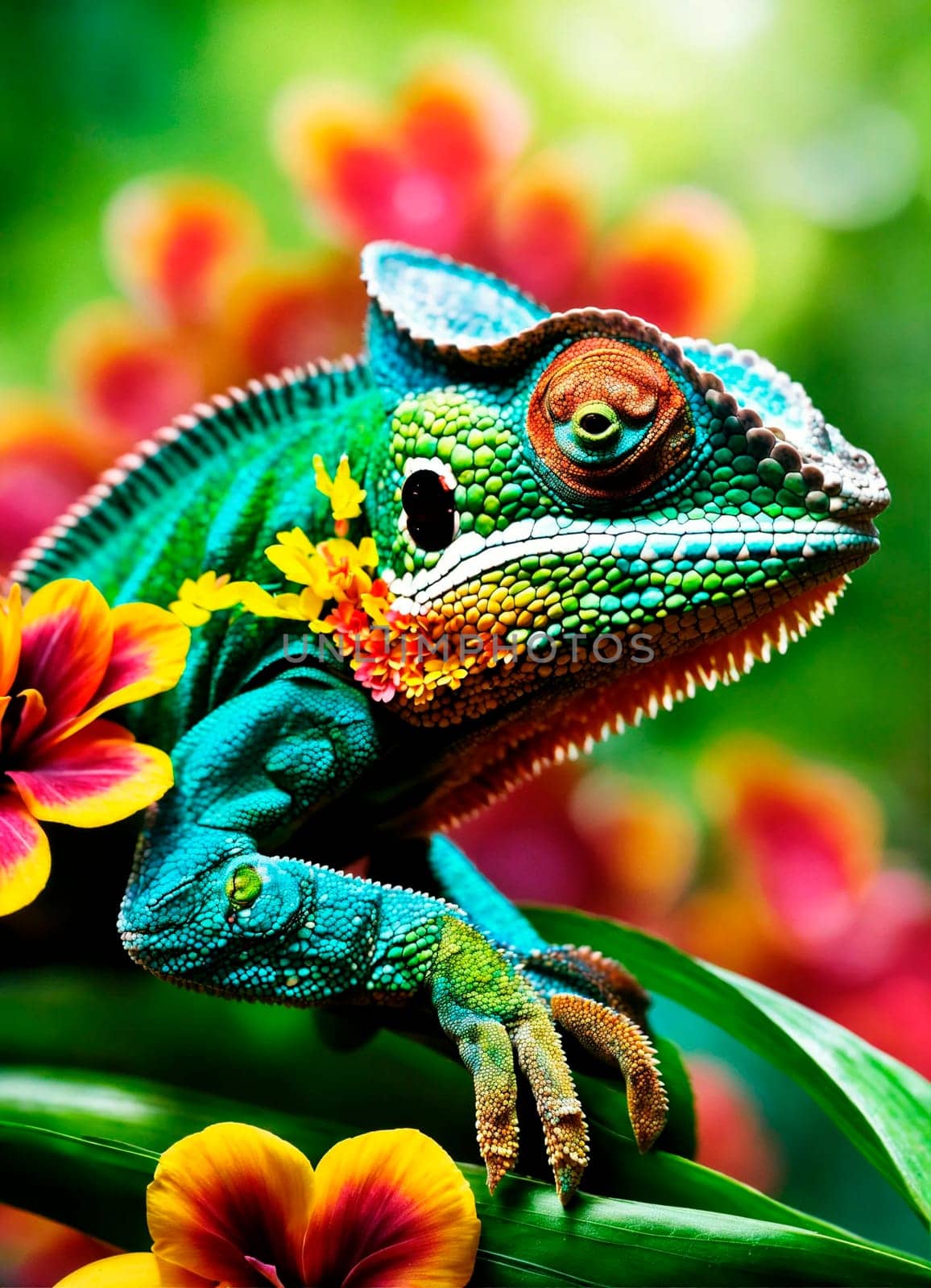 chameleon on tropical flowers. Selective focus. by yanadjana