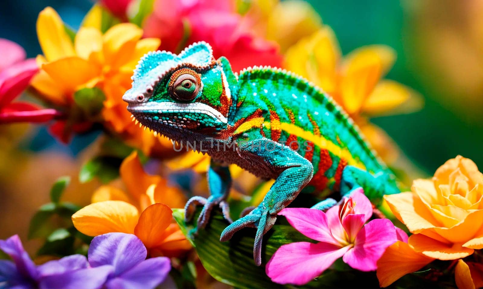 chameleon on tropical flowers. Selective focus. by yanadjana