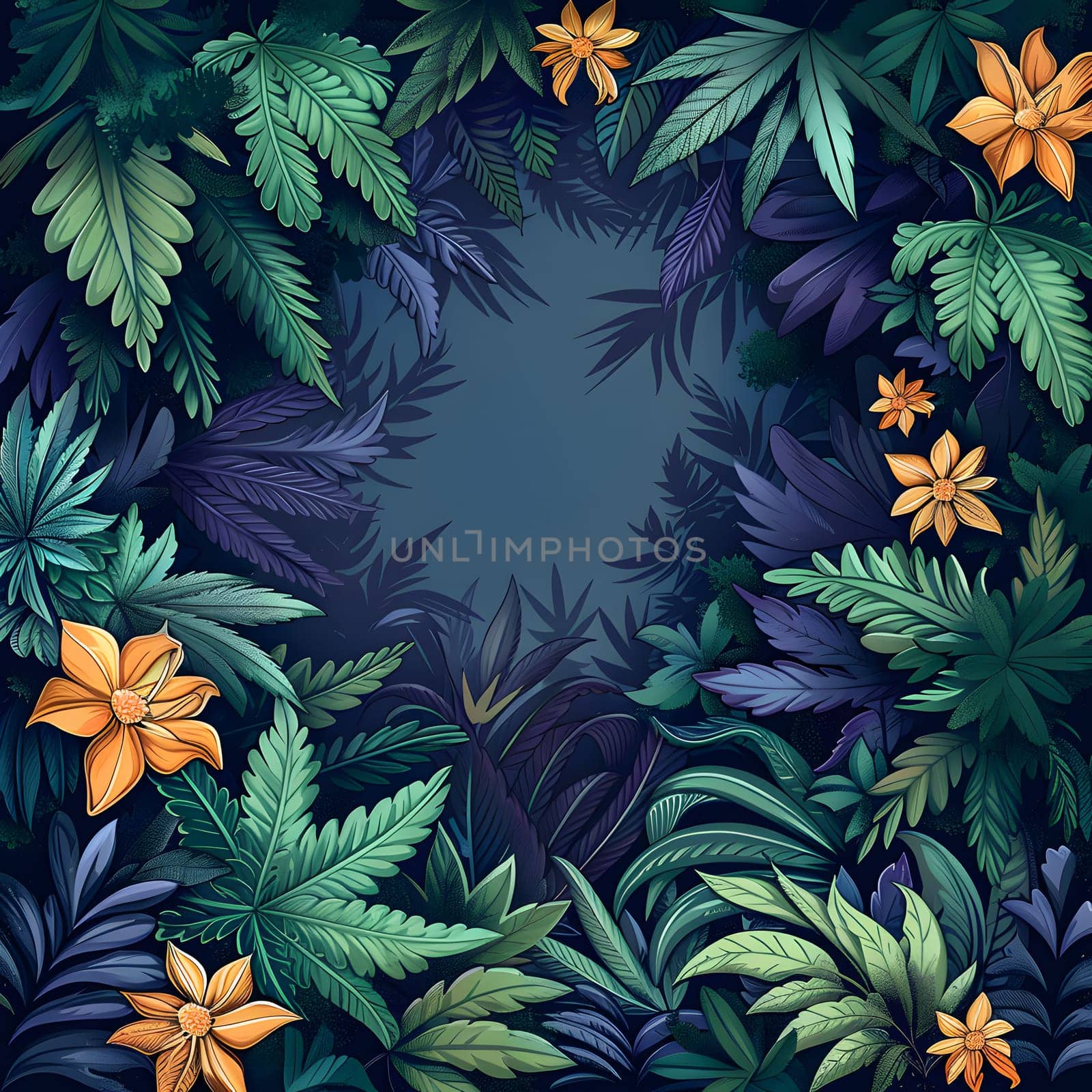 a tropical forest with lots of leaves and flowers High quality