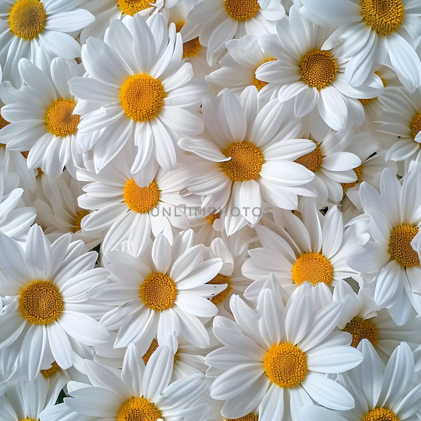A Lot Of White Yellow Daisies or chamomile flowers - for full-frame background and seamless texture. Neural network generated image. Not based on any actual scene or pattern.