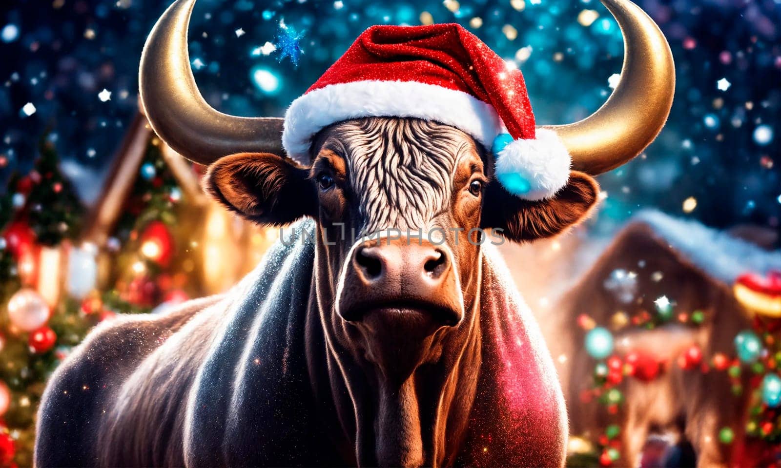 bull in santa's hat year of the ox. Selective focus. by yanadjana
