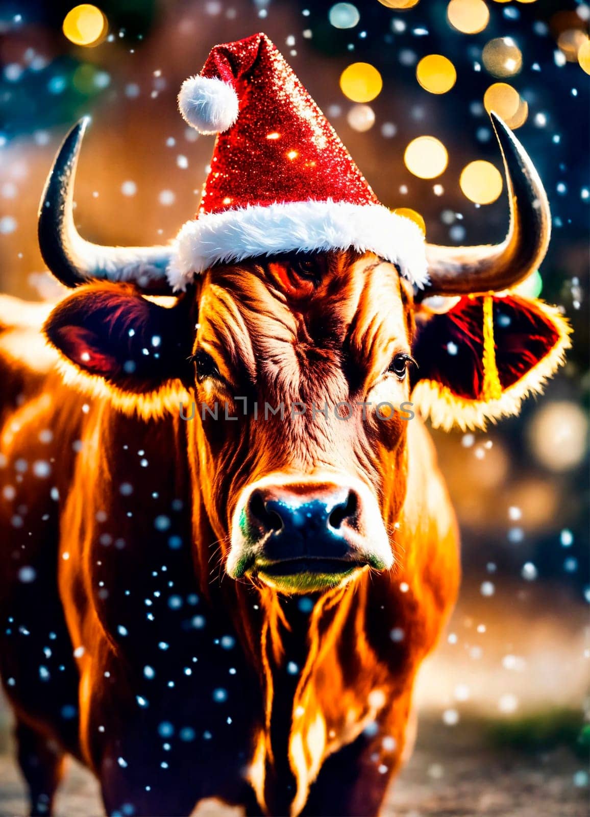 bull in santa's hat year of the ox. Selective focus. animal.