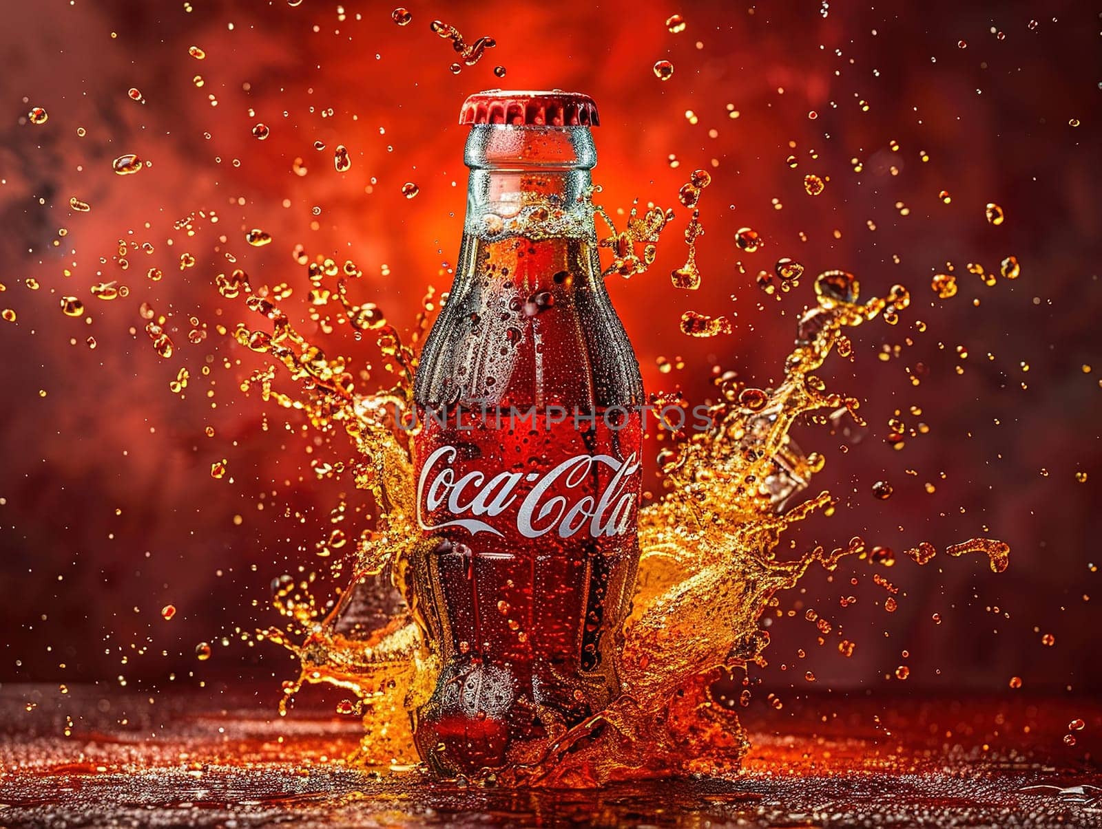 Cola with Ice. Delicious Cola photography, explosion flavors, studio lighting, studio background, well-lit, vibrant colors, sharp-focus, high-quality, artistic, unique, by mr-tigga