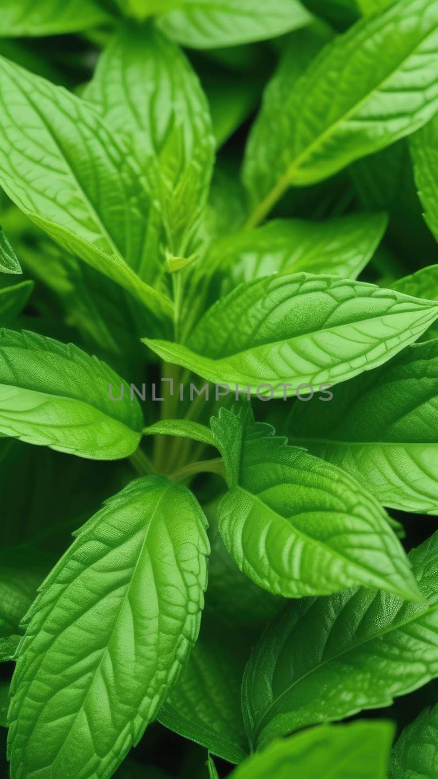 Close up of bunch of green leaves. Leaves are fresh and vibrant, and they are arranged in way that makes them look like they are growing together. Concept of growth and vitality background. Copy space