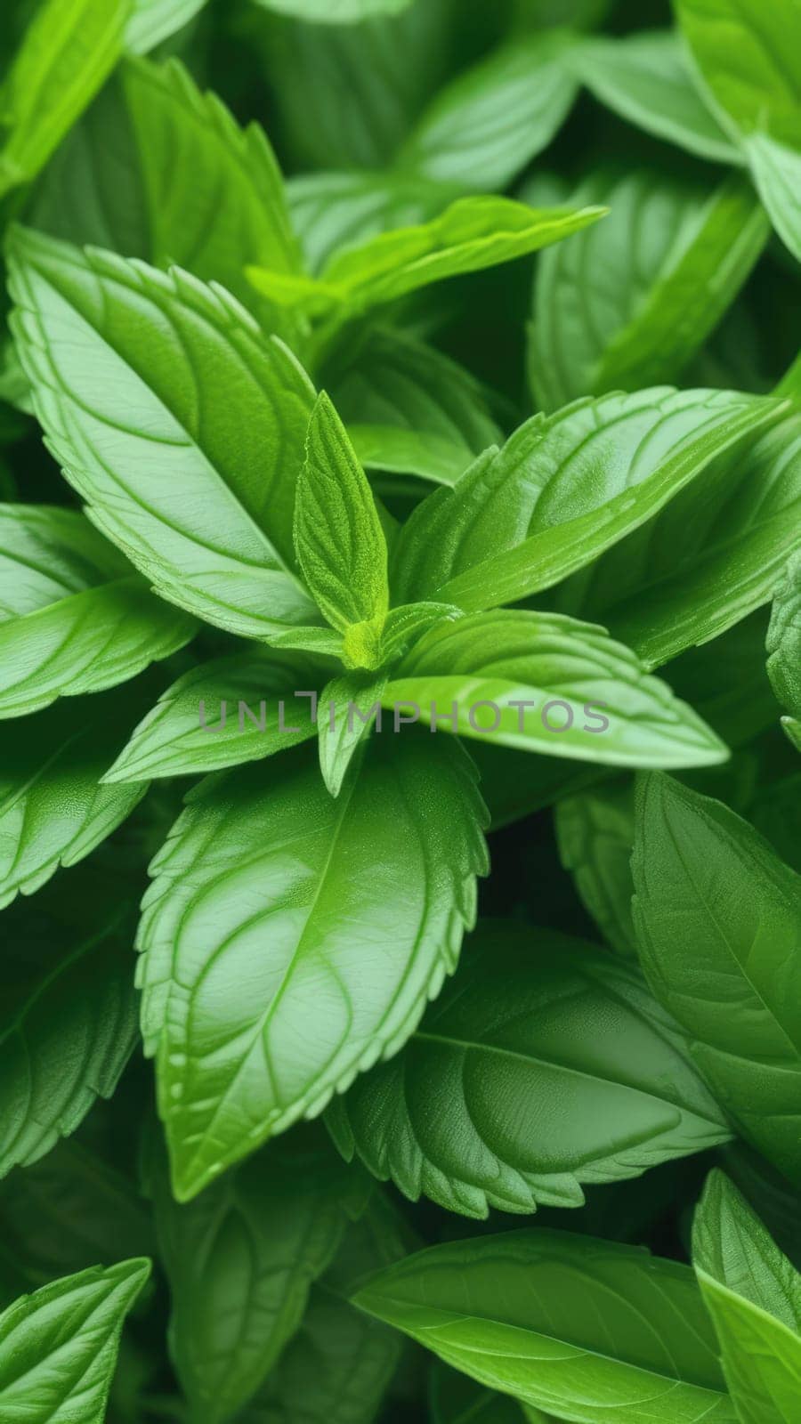 Close up of bunch of green leaves. Leaves are fresh and vibrant, and they are arranged in way that makes them look like they are growing together. Concept of growth and vitality background. Copy space