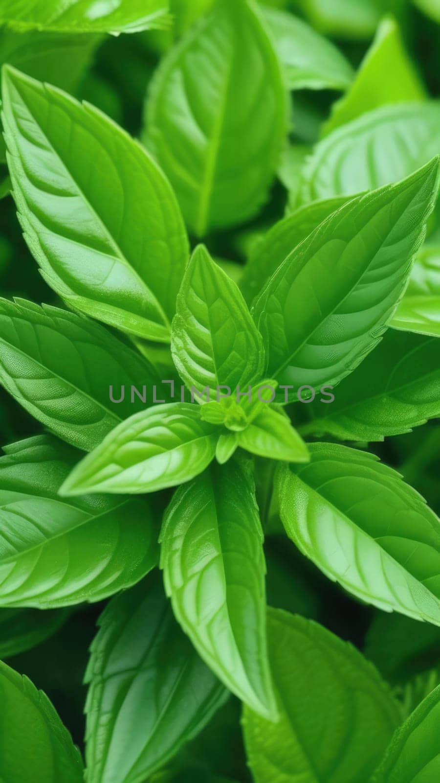 Close up of bunch of green leaves. Leaves are fresh and vibrant, and they are arranged in way that makes them look like they are growing together. Concept of growth and vitality background. Copy space