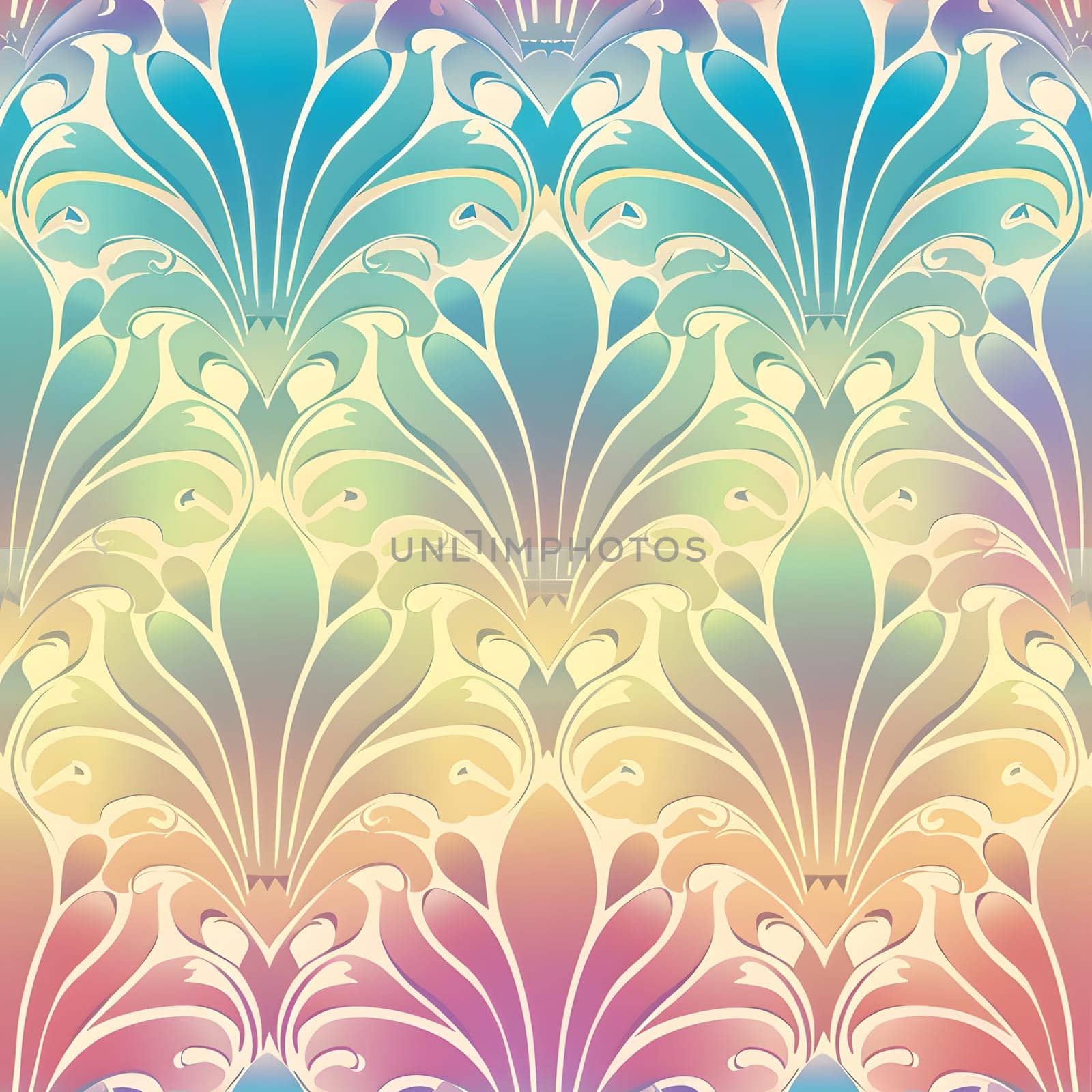 Seamless texture and background of Art Nouveau Colorful Brightness Colors Vibrant Pastel Power Gradient. Neural network generated image. Not based on any actual scene or pattern.