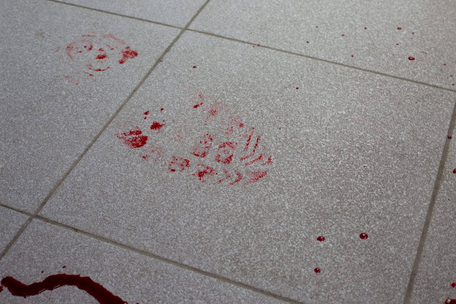 Bloody footprint from shoe on the tiles at crime scene, evidence from criminal on the floor