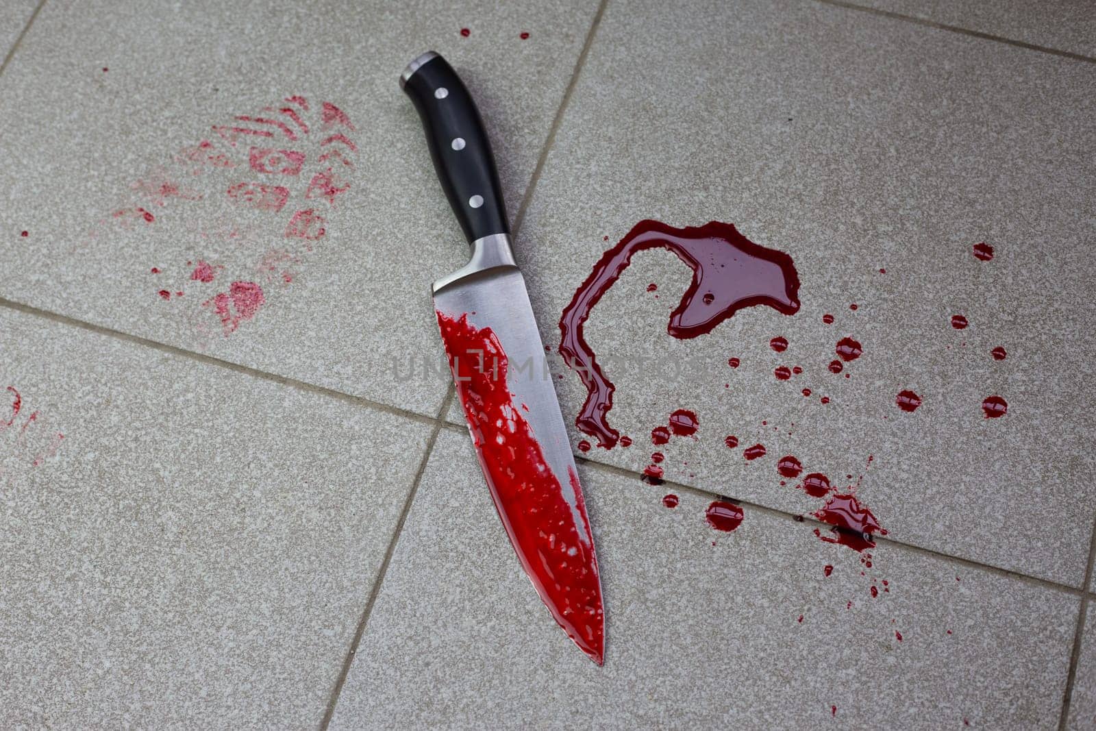 Crime scene with bloody knife and shoe print by timurmalazoniia