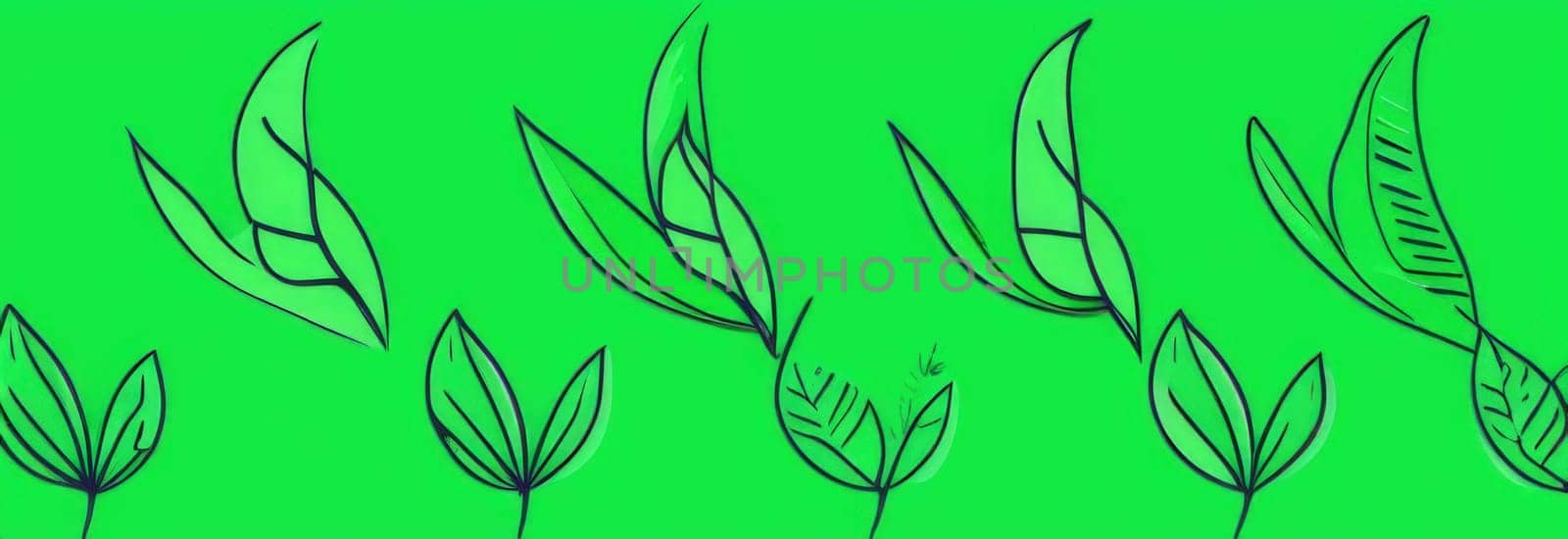 Green background with drawing of leaves and flowers. Drawing is of various types of leaves and flowers, with some of them being large and small. Concept of growth and vitality background. Copy space. by Angelsmoon