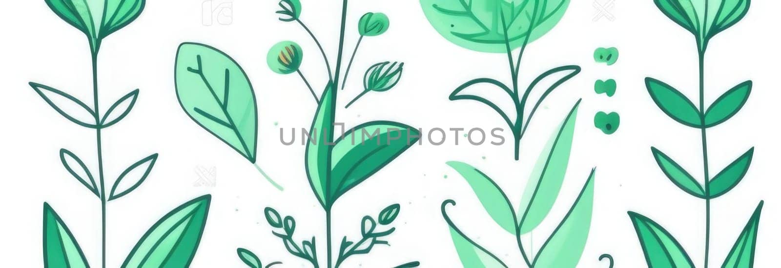 Green background with drawing of leaves and flowers. Drawing is of various types of leaves and flowers, with some of them being large and small. Concept of growth and vitality background. Copy space. by Angelsmoon