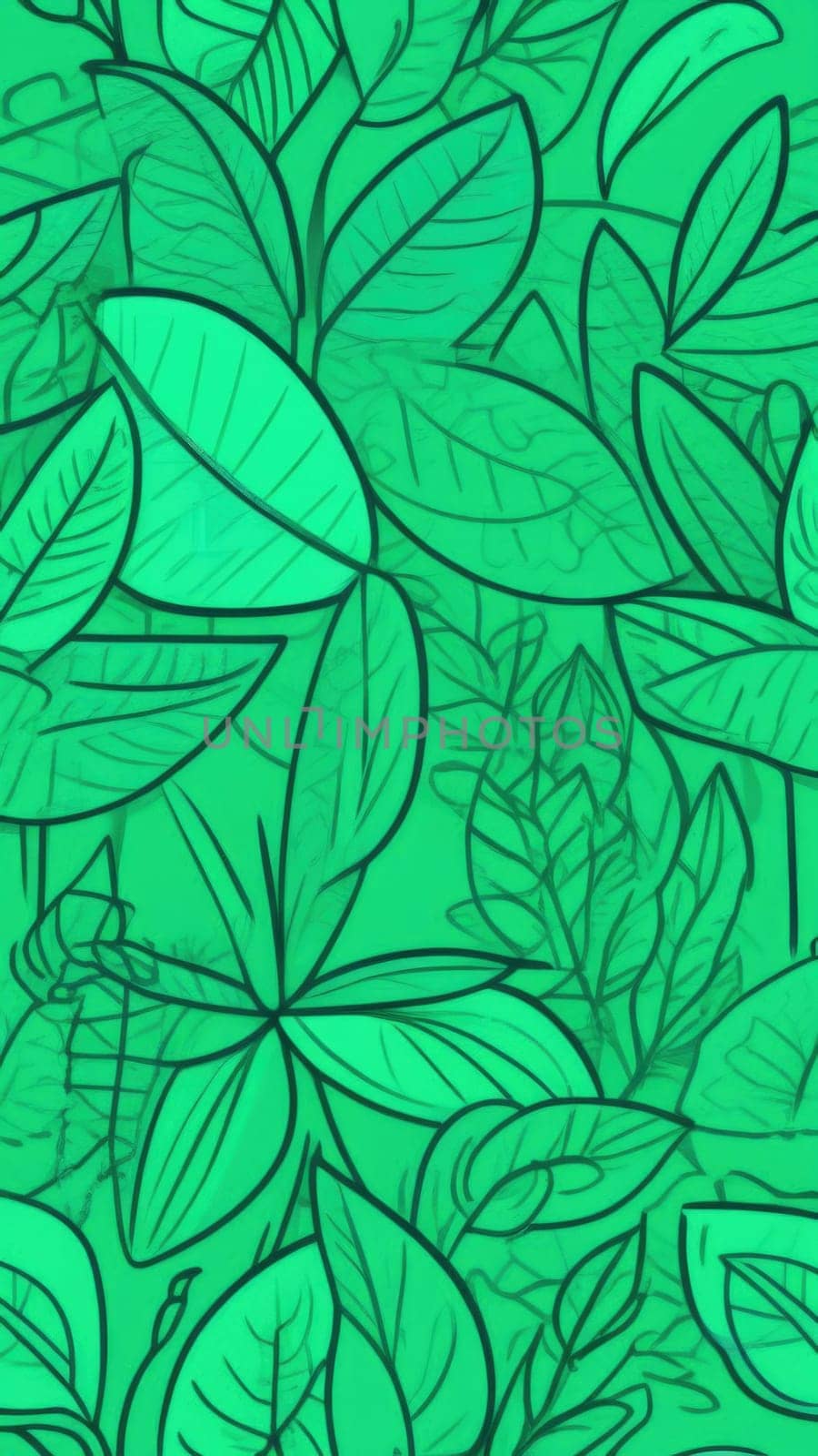 Green background with drawing of leaves and flowers. Drawing is of various types of leaves and flowers, with some of them being large and small. Concept of growth and vitality background. Copy space. by Angelsmoon