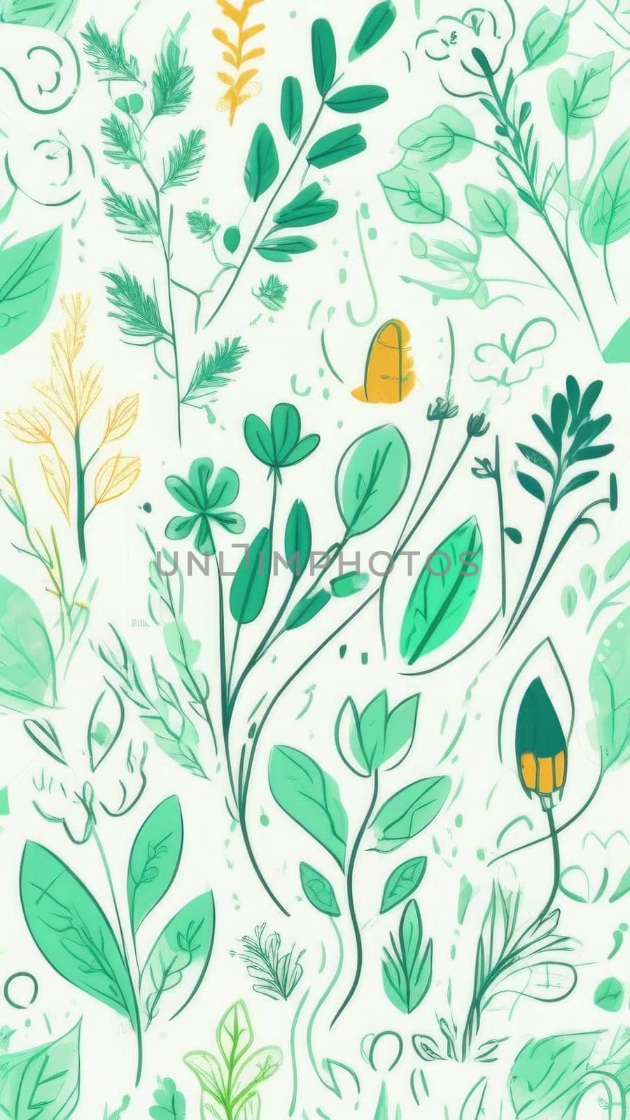 Green background with drawing of leaves and flowers. Drawing is of various types of leaves and flowers, with some of them being large and small. Concept of growth and vitality background. Copy space