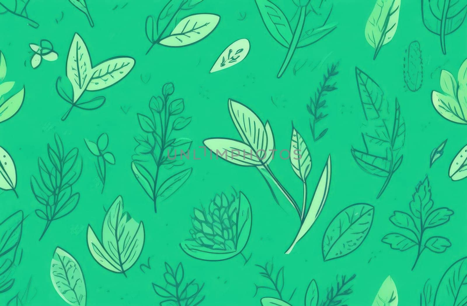 Green background with drawing of leaves and flowers. Drawing is of various types of leaves and flowers, with some of them being large and small. Concept of growth and vitality background. Copy space