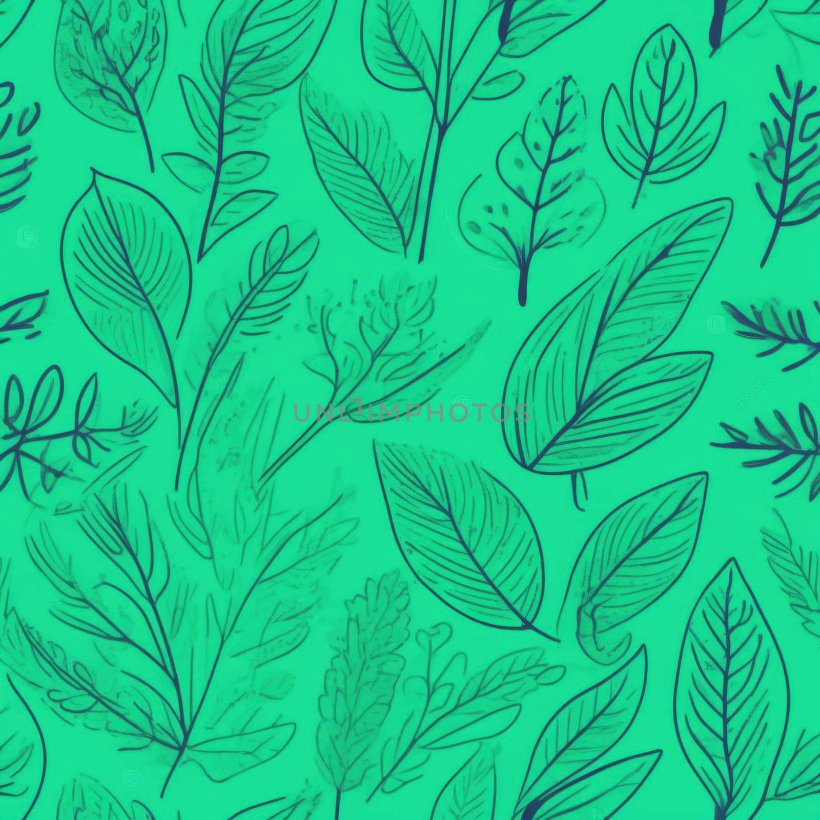 Green background with drawing of leaves and flowers. Drawing is of various types of leaves and flowers, with some of them being large and small. Concept of growth and vitality background. Copy space. by Angelsmoon
