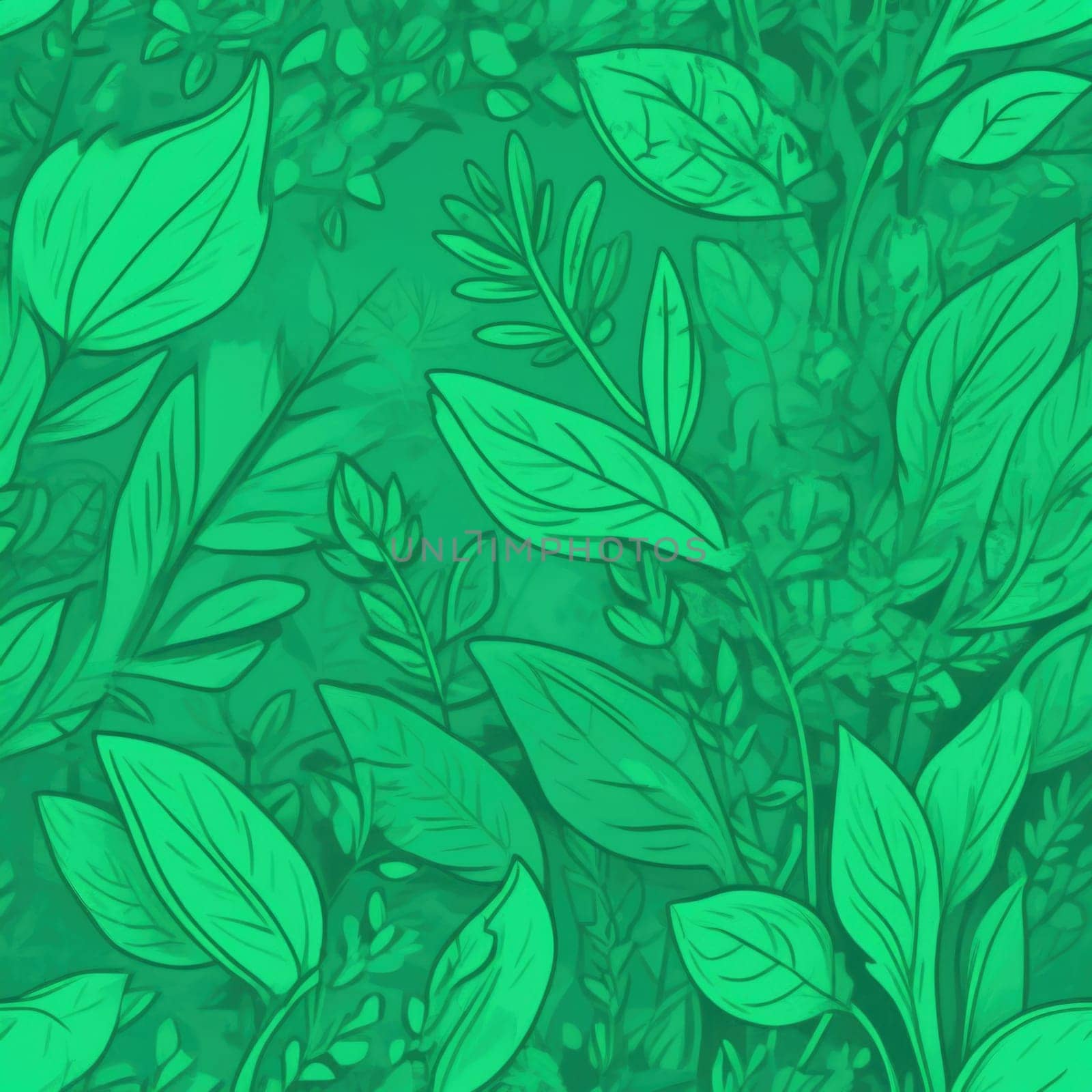 Green background with drawing of leaves and flowers. Drawing is of various types of leaves and flowers, with some of them being large and small. Concept of growth and vitality background. Copy space