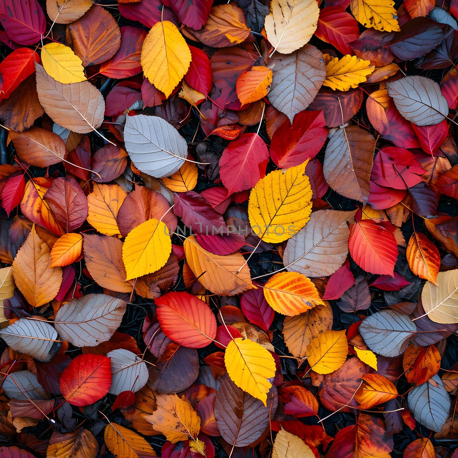 Seamless texture and background of colorful fallen autumnal leaves. Neural network generated image. Not based on any actual scene or pattern.