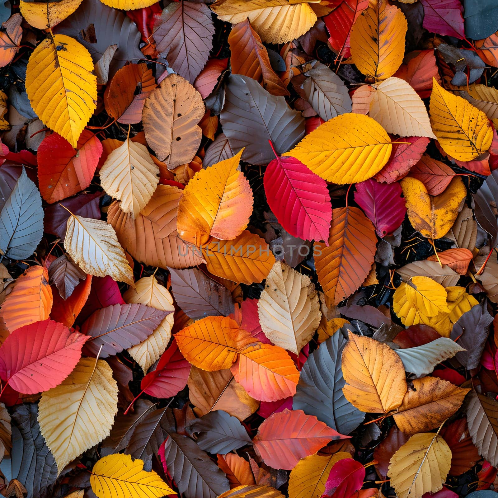 Seamless texture and background of colorful fallen autumnal leaves. Neural network generated image. Not based on any actual scene or pattern.