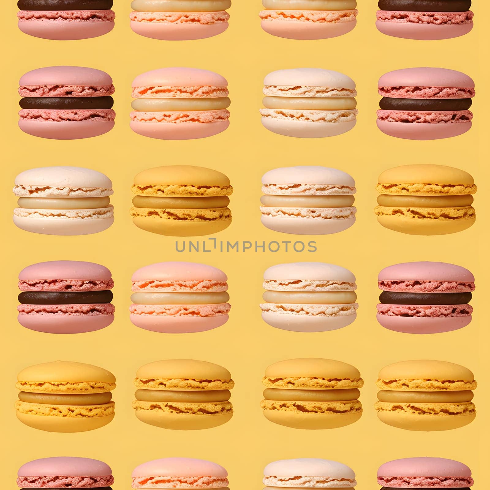 Seamless background of colorful macarons pattern. Neural network generated image. Not based on any actual scene or pattern.