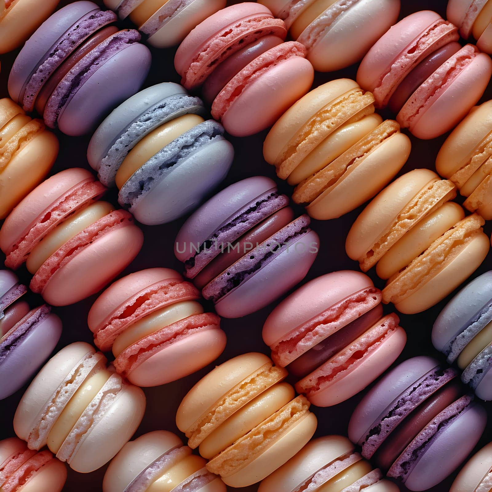 Seamless background of colorful macarons texture and background. Neural network generated image. Not based on any actual scene or pattern.