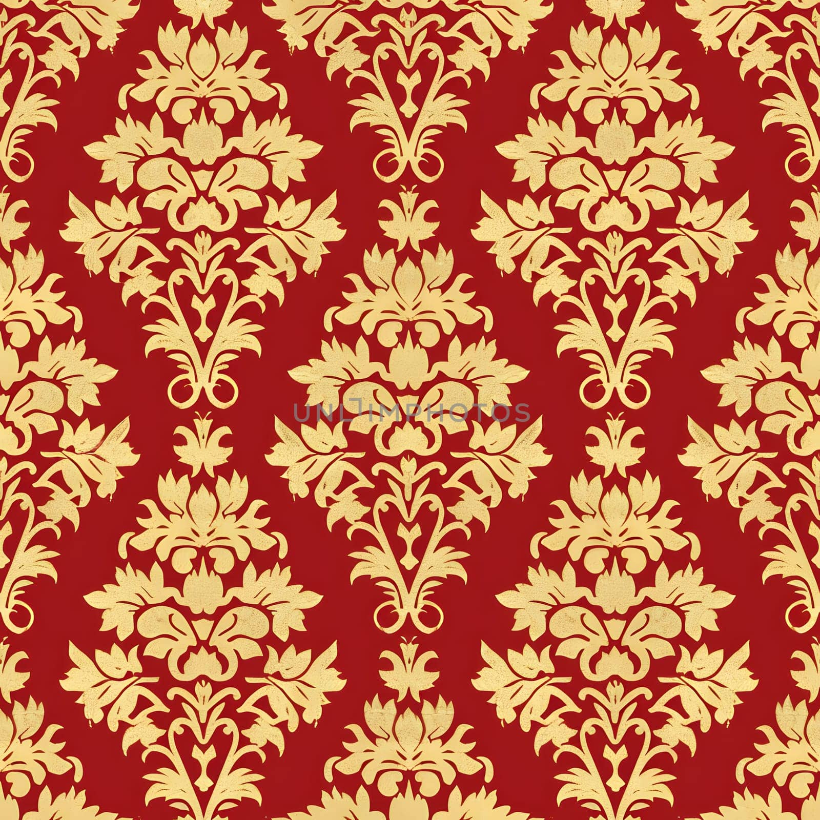 Seamless texture of red and gold damask pattern. Neural network generated image. Not based on any actual scene or pattern.