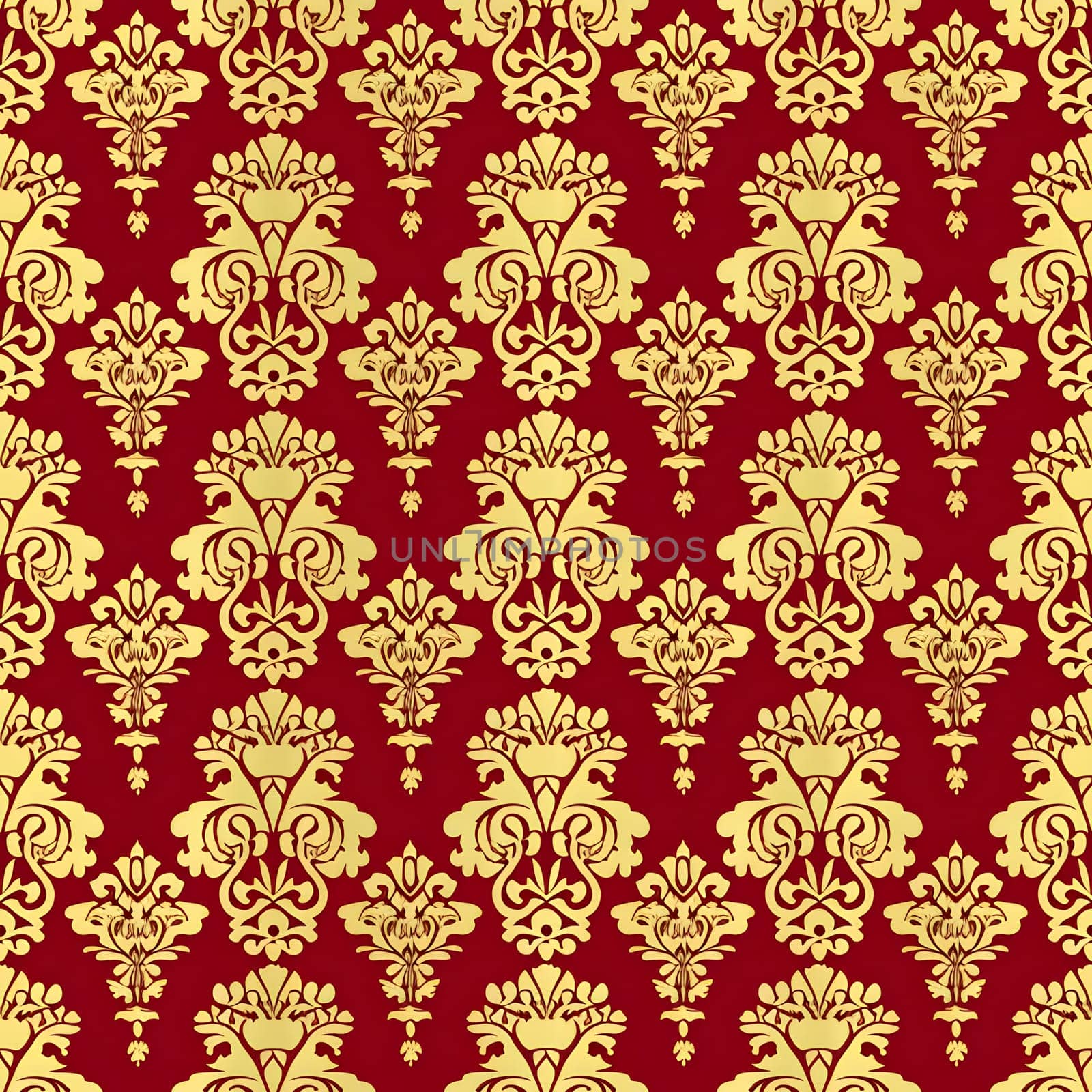 Seamless texture of red and gold damask pattern. Neural network generated image. Not based on any actual scene or pattern.