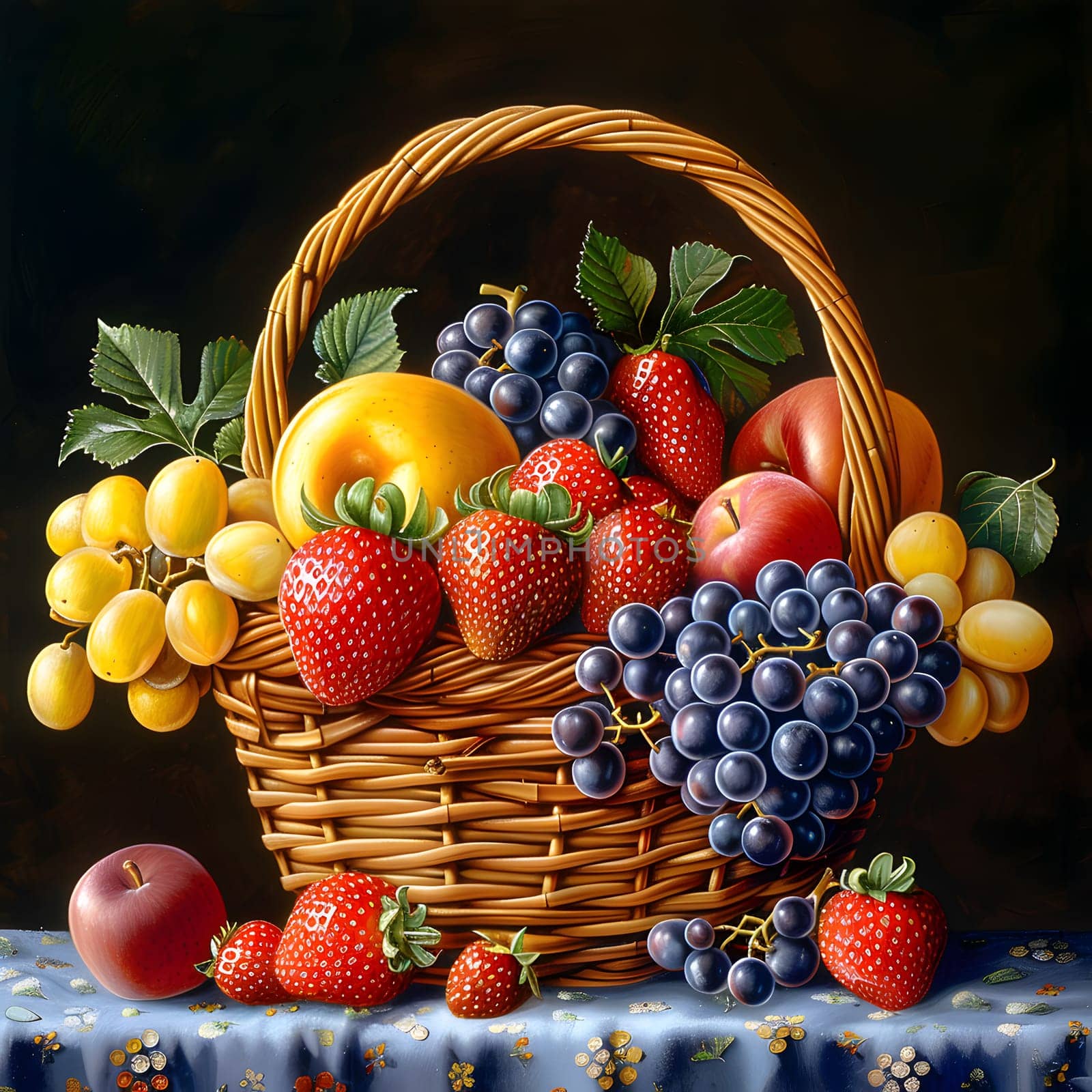 a basket filled with strawberries grapes apples and other fruit by Nadtochiy
