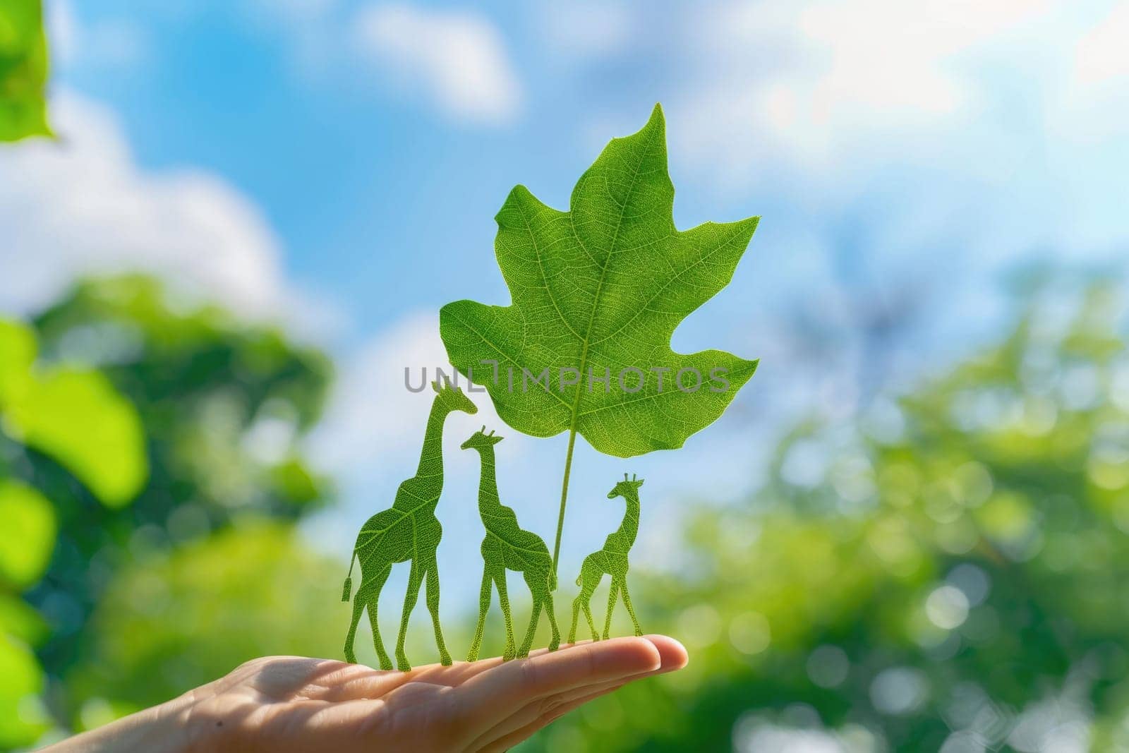 nature art of leaf carved into animal shape showing concept of sustainability and environmental conservation. aigx04