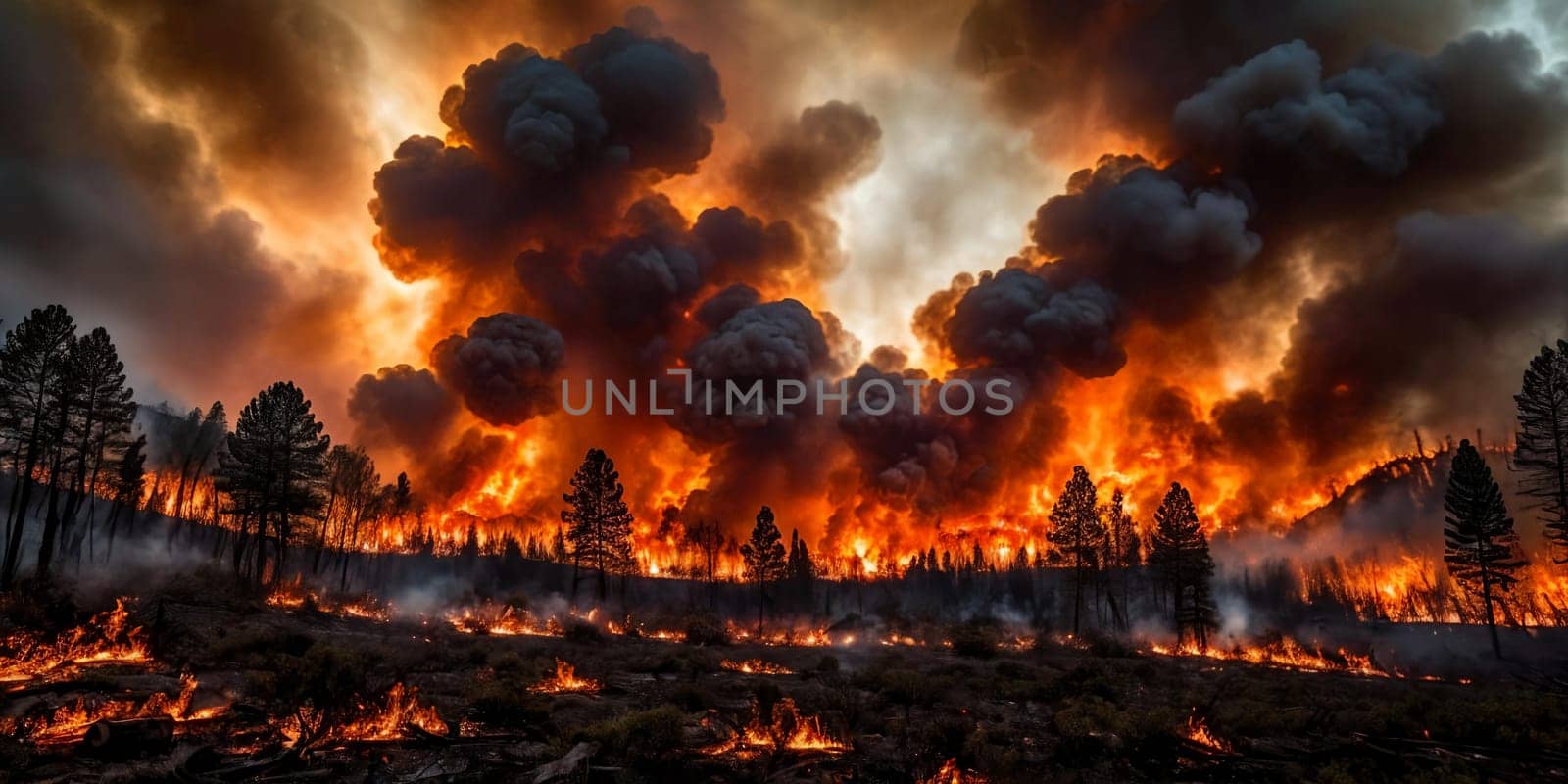 The intensity of a raging wildfire as it engulfs a forest in flames, capturing the spectacle of fiery embers and billowing smoke against a darkened sky. Panorama