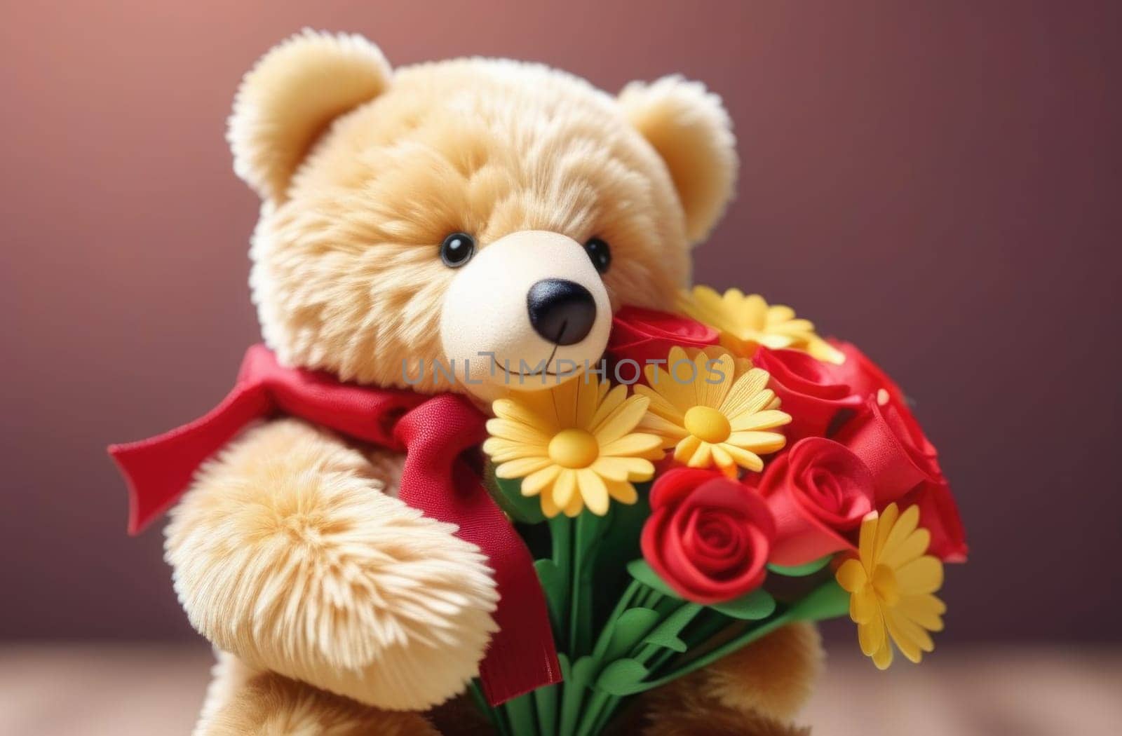 Teddy bear is holding bouquet of flowers isolated on pastel background. Concept of birthday and warmth, affection as teddy bear is symbol of love and comfort. Flowers add touch of beauty, color. by Angelsmoon