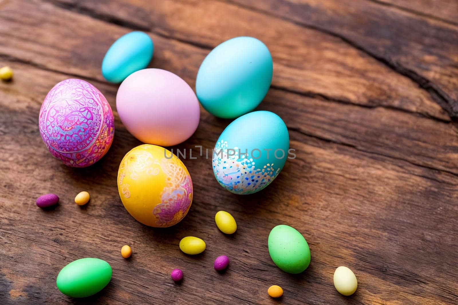 Vibrant Easter Eggs. A close-up image of colorful and intricately decorated Easter eggs arranged in a beautiful pattern on a rustic wooden background, emphasizing the unique designs and textures.