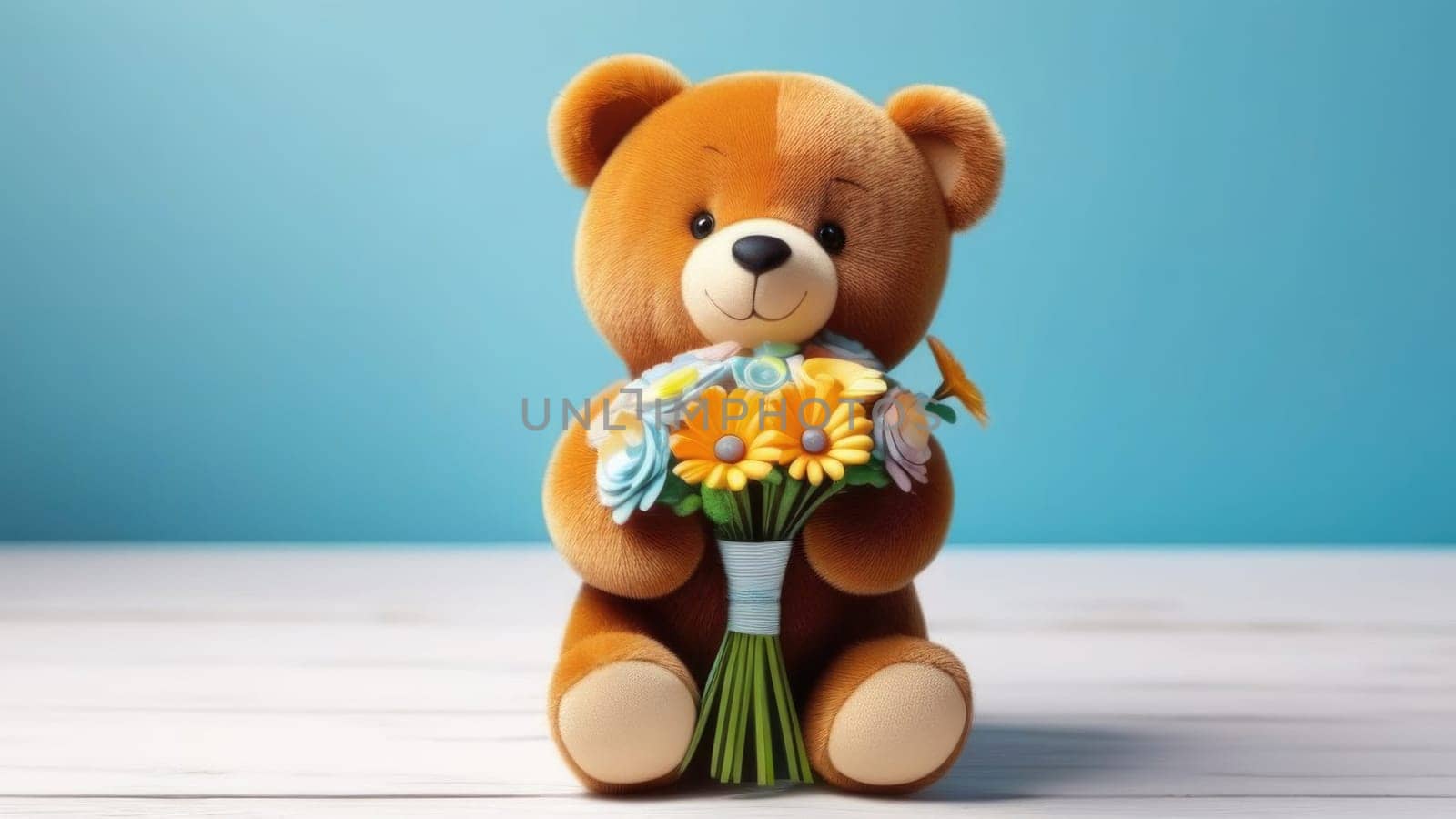 Teddy bear is holding bouquet of flowers isolated on pastel background. Concept of birthday and warmth, affection as teddy bear is symbol of love and comfort. Flowers add touch of beauty, color