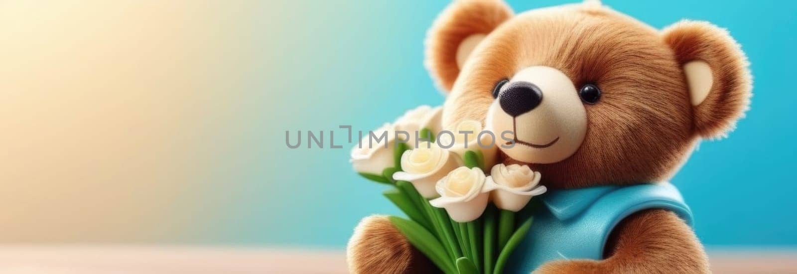 Teddy bear is holding bouquet of flowers isolated on pastel background. Concept of birthday and warmth, affection as teddy bear is symbol of love and comfort. Flowers add touch of beauty, color