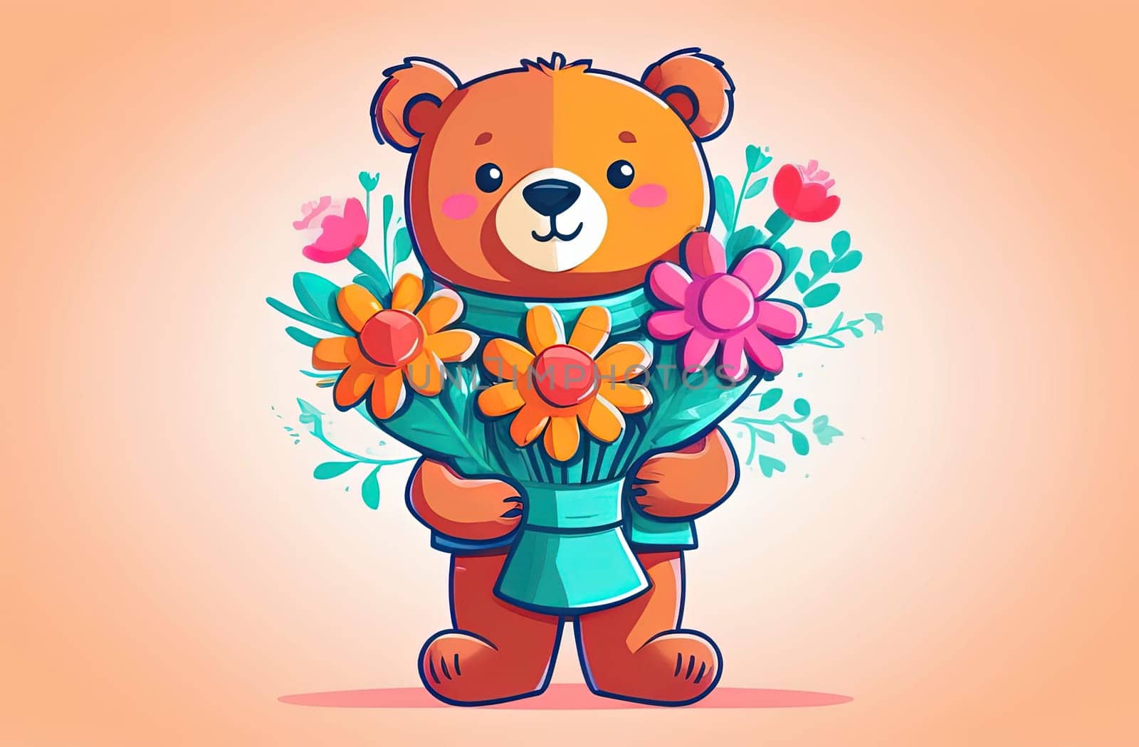 Teddy bear is holding bouquet of flowers isolated on pastel background. Concept of birthday and warmth, affection as teddy bear is symbol of love and comfort. Flowers add touch of beauty, color