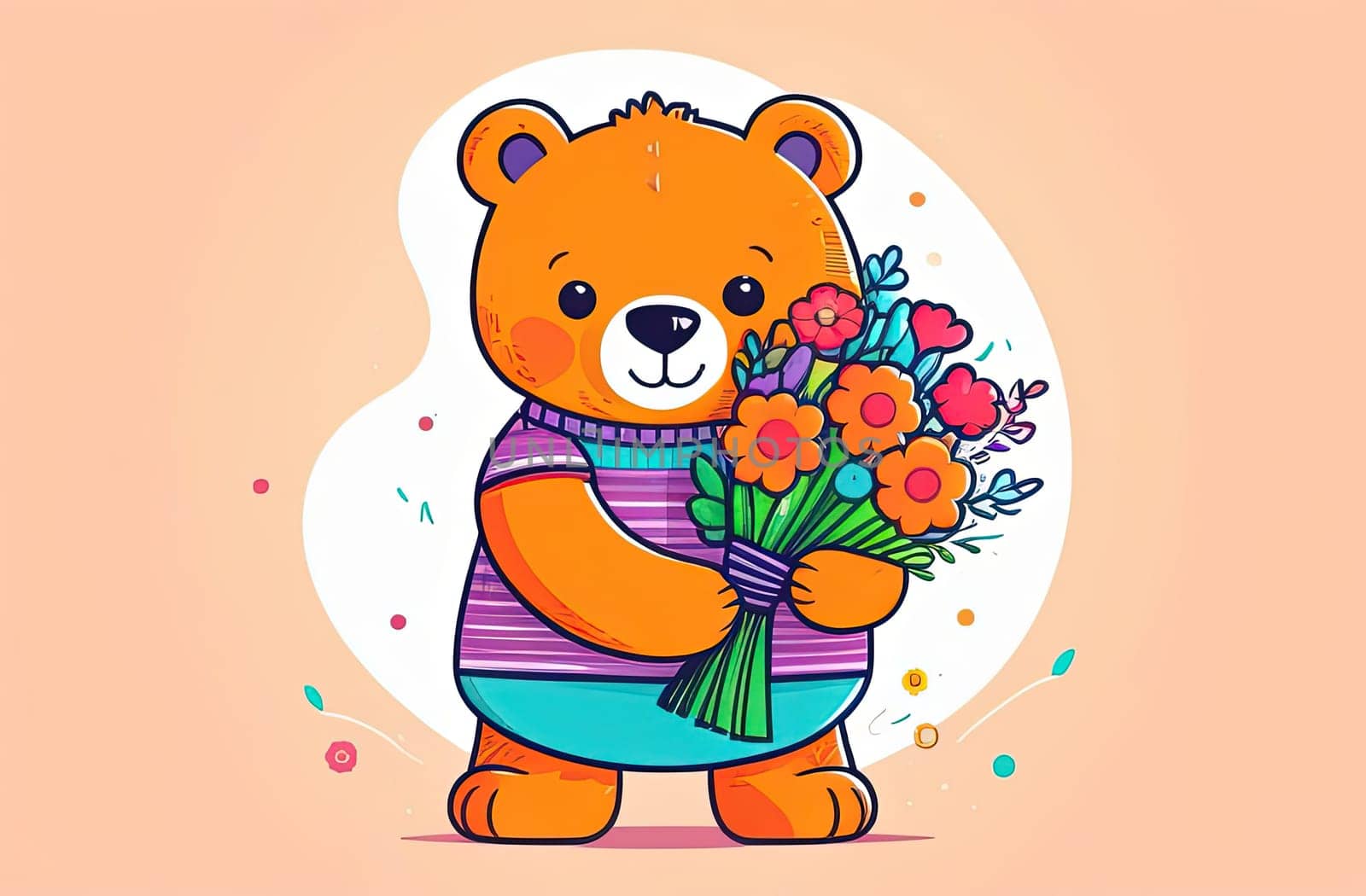 Teddy bear is holding bouquet of flowers isolated on pastel background. Concept of birthday and warmth, affection as teddy bear is symbol of love and comfort. Flowers add touch of beauty, color