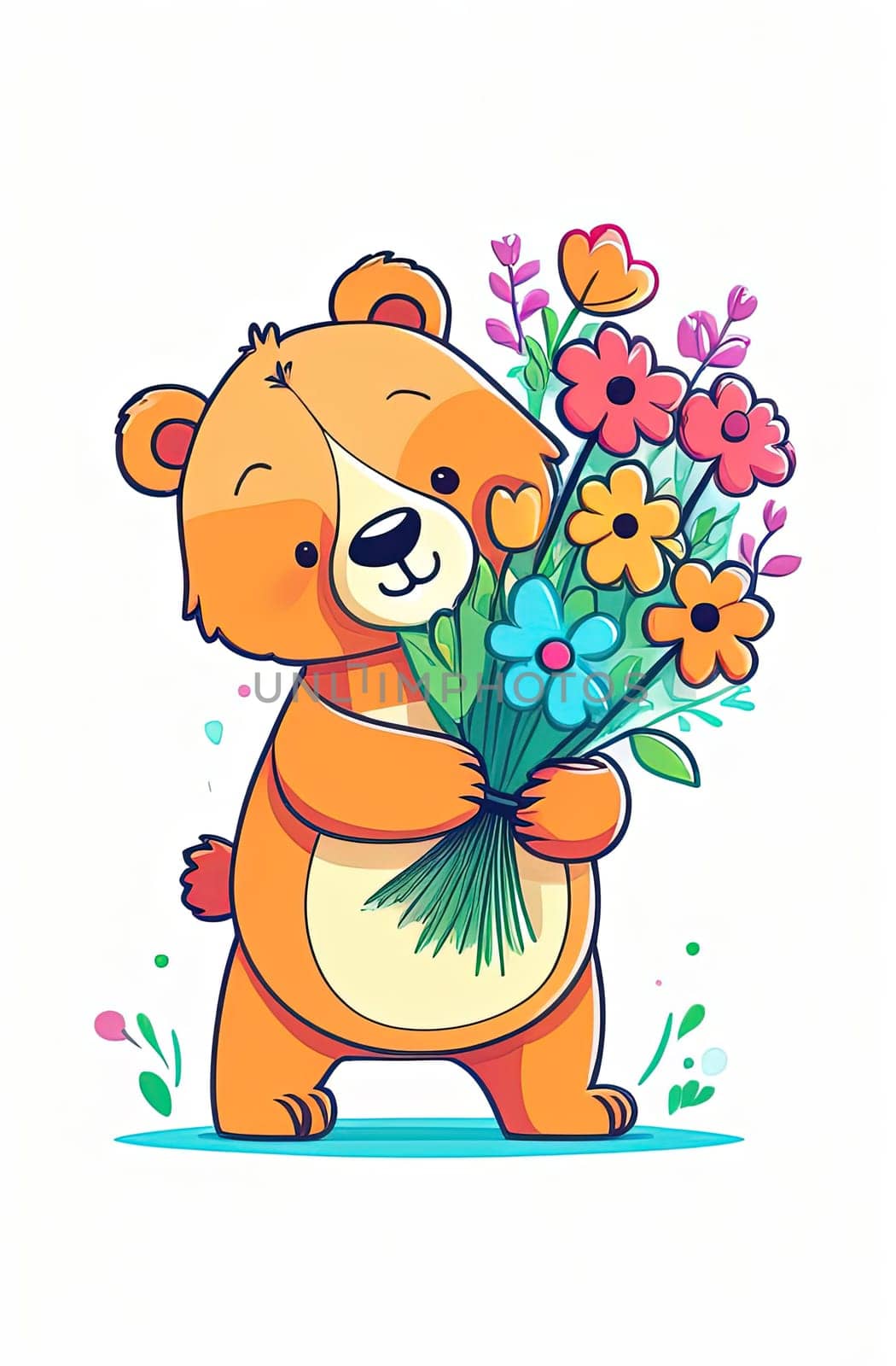 Teddy bear is holding bouquet of flowers isolated on pastel background. Concept of birthday and warmth, affection as teddy bear is symbol of love and comfort. Flowers add touch of beauty, color