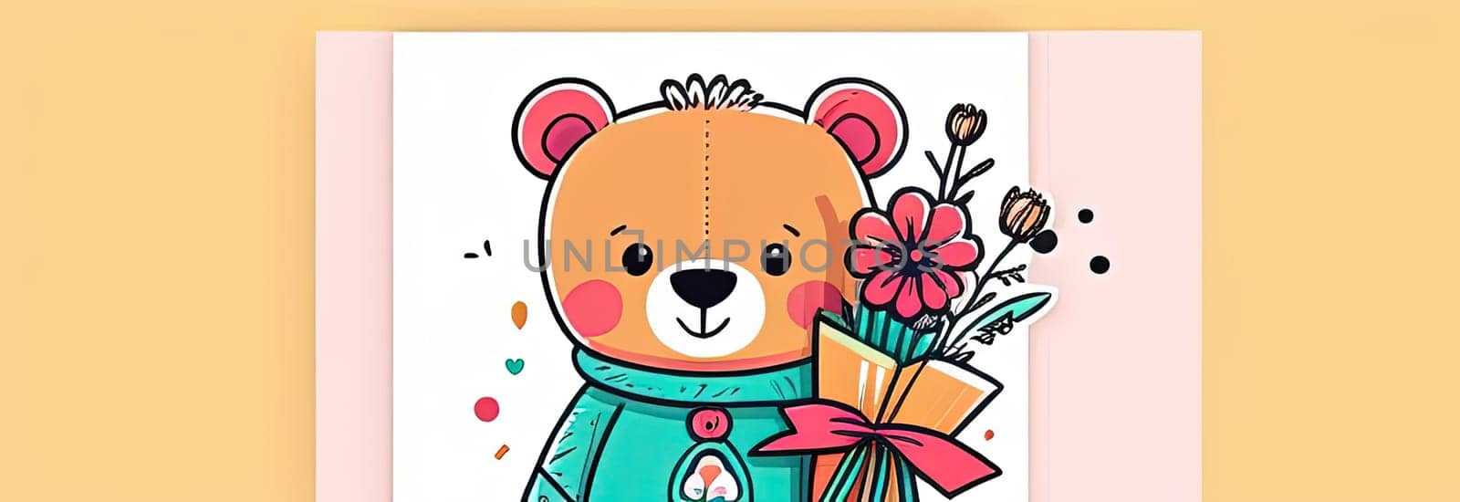 Teddy bear is holding bouquet of flowers isolated on pastel background. Concept of birthday and warmth, affection as teddy bear is symbol of love and comfort. Flowers add touch of beauty, color. by Angelsmoon