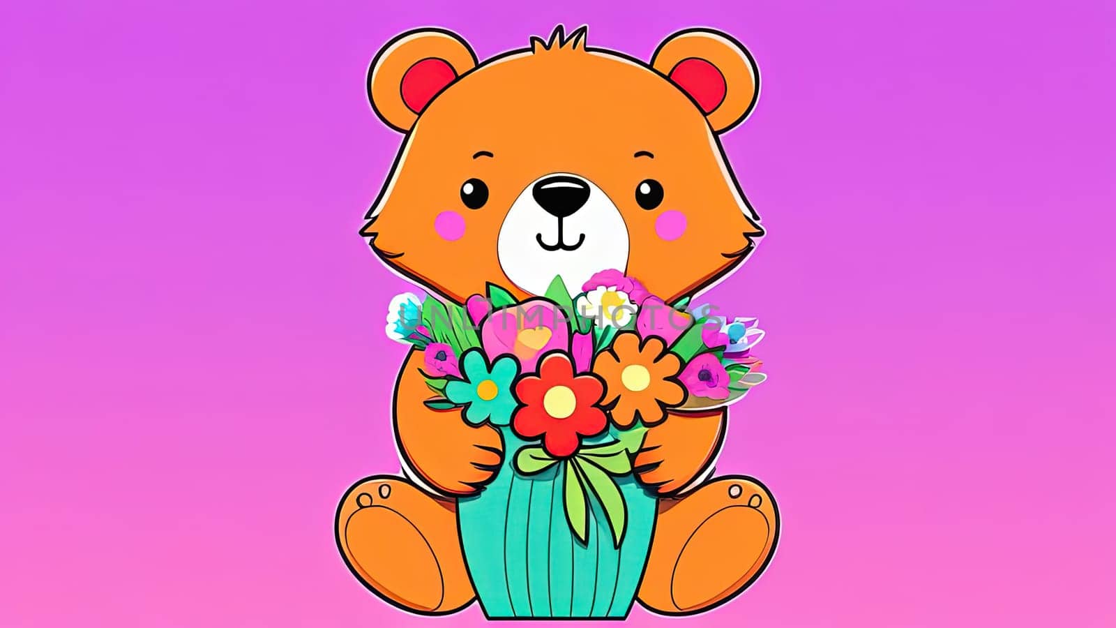 Teddy bear is holding bouquet of flowers isolated on pastel background. Concept of birthday and warmth, affection as teddy bear is symbol of love and comfort. Flowers add touch of beauty, color. by Angelsmoon