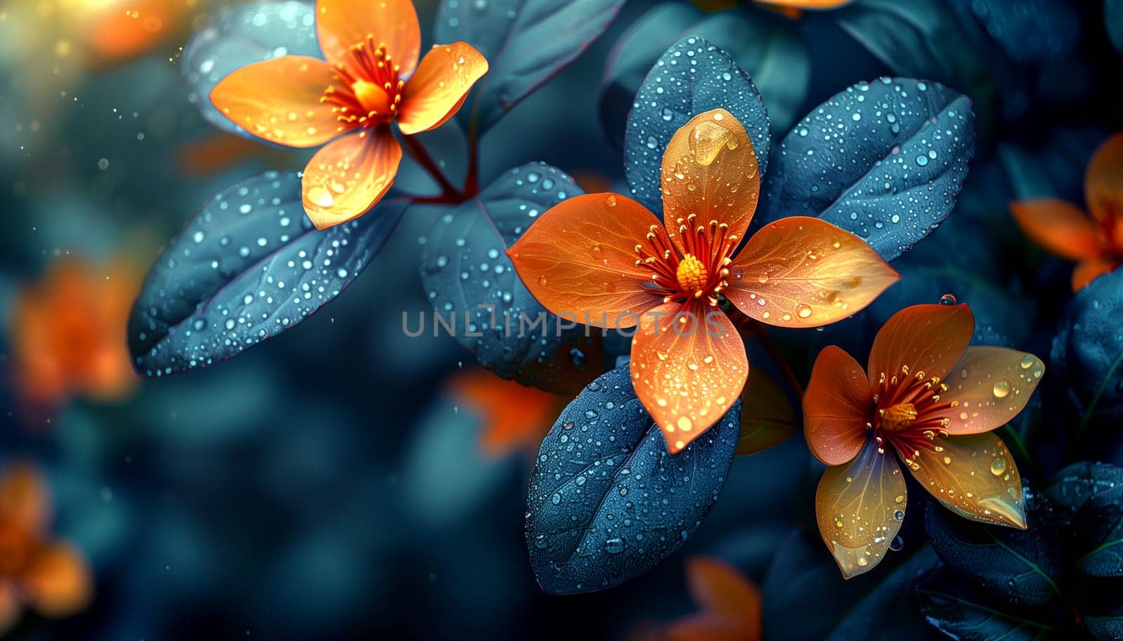 Close-up of a beautiful orange flower on a dark background. There are drops of water on the petals of a flower. AI generated.