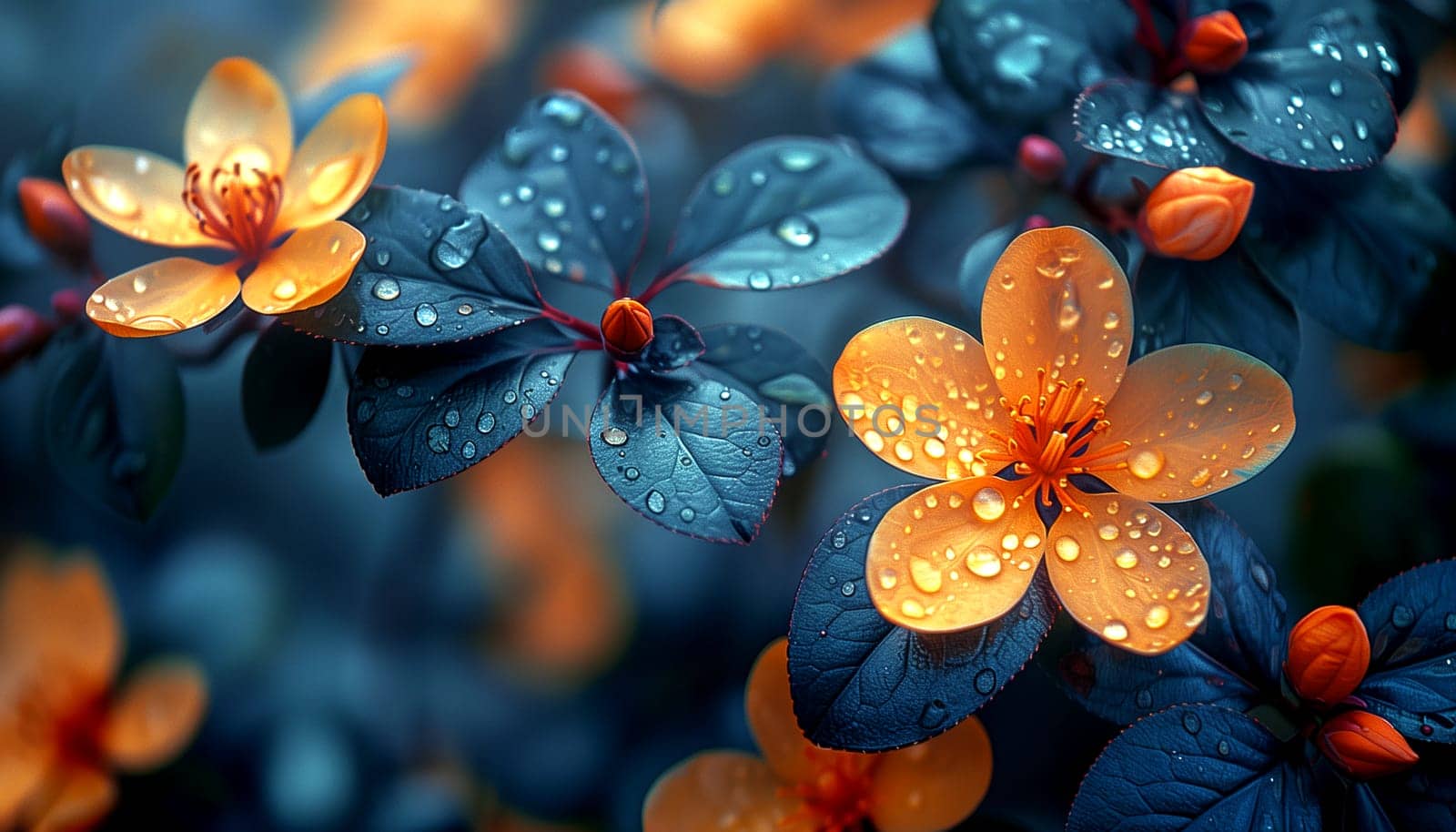 Close-up of a beautiful orange flower on a dark background. There are drops of water on the petals of a flower. AI generated.