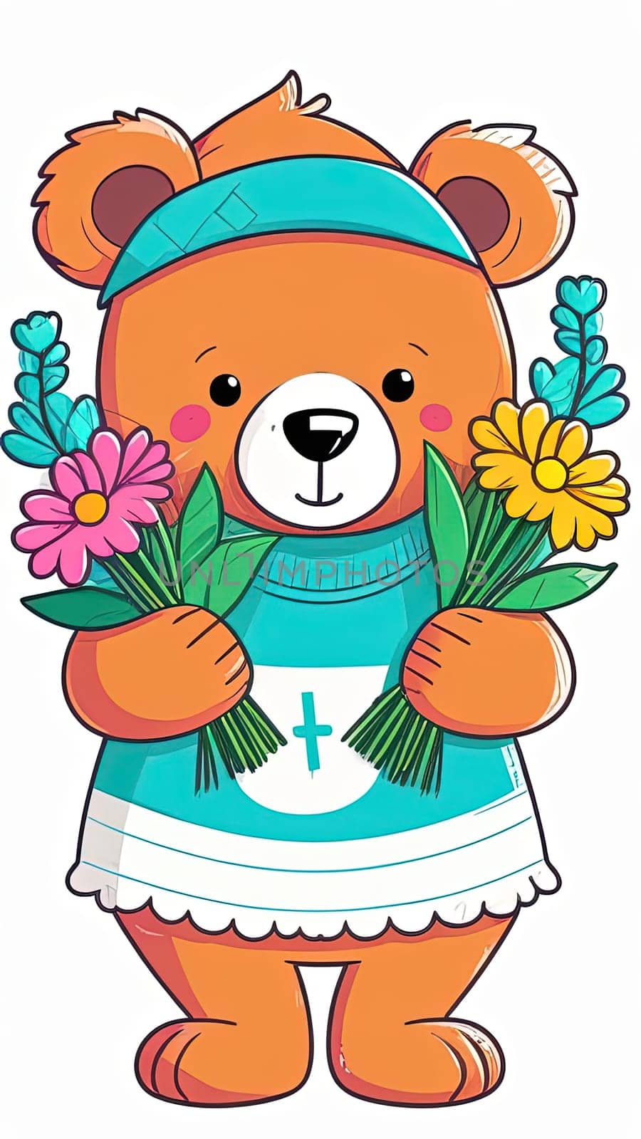 Teddy bear is holding bouquet of flowers isolated on pastel background. Concept of birthday and warmth, affection as teddy bear is symbol of love and comfort. Flowers add touch of beauty, color