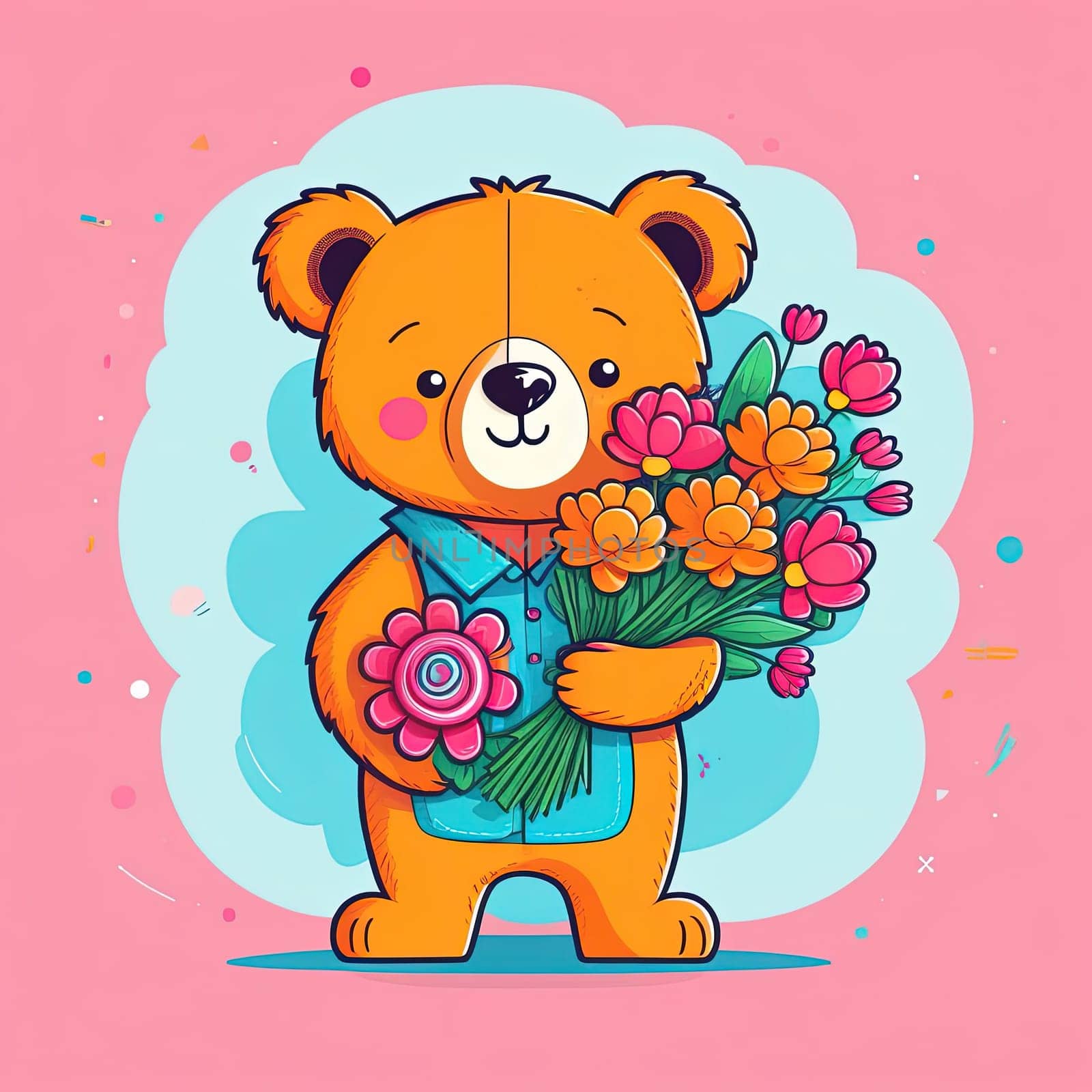 Teddy bear is holding bouquet of flowers isolated on pastel background. Concept of birthday and warmth, affection as teddy bear is symbol of love and comfort. Flowers add touch of beauty, color