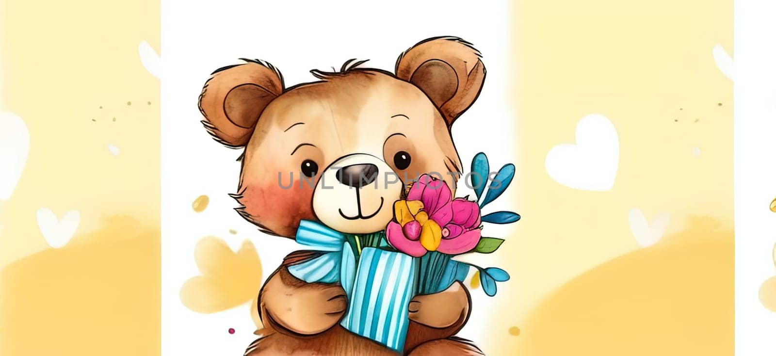 Teddy bear is holding bouquet of flowers isolated on pastel background. Concept of birthday and warmth, affection as teddy bear is symbol of love and comfort. Flowers add touch of beauty, color. by Angelsmoon