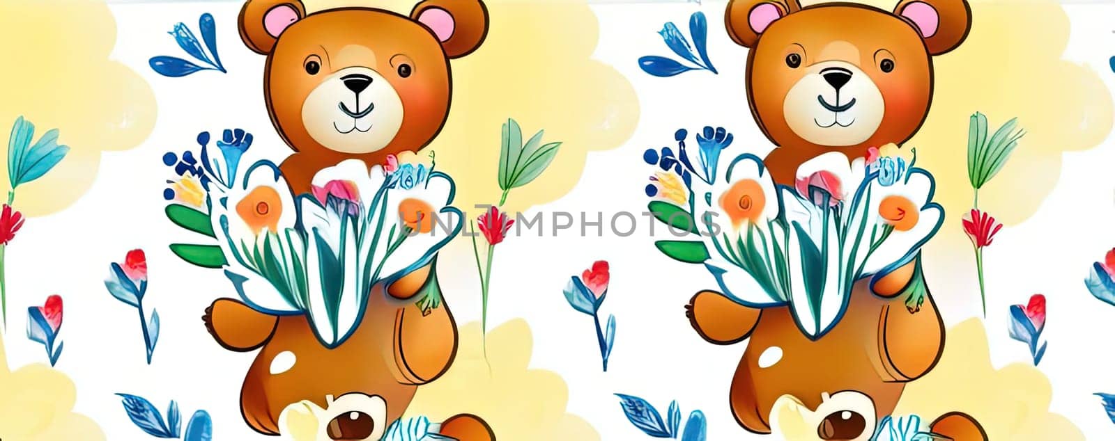 Teddy bear is holding bouquet of flowers isolated on pastel background. Concept of birthday and warmth, affection as teddy bear is symbol of love and comfort. Flowers add touch of beauty, color. by Angelsmoon