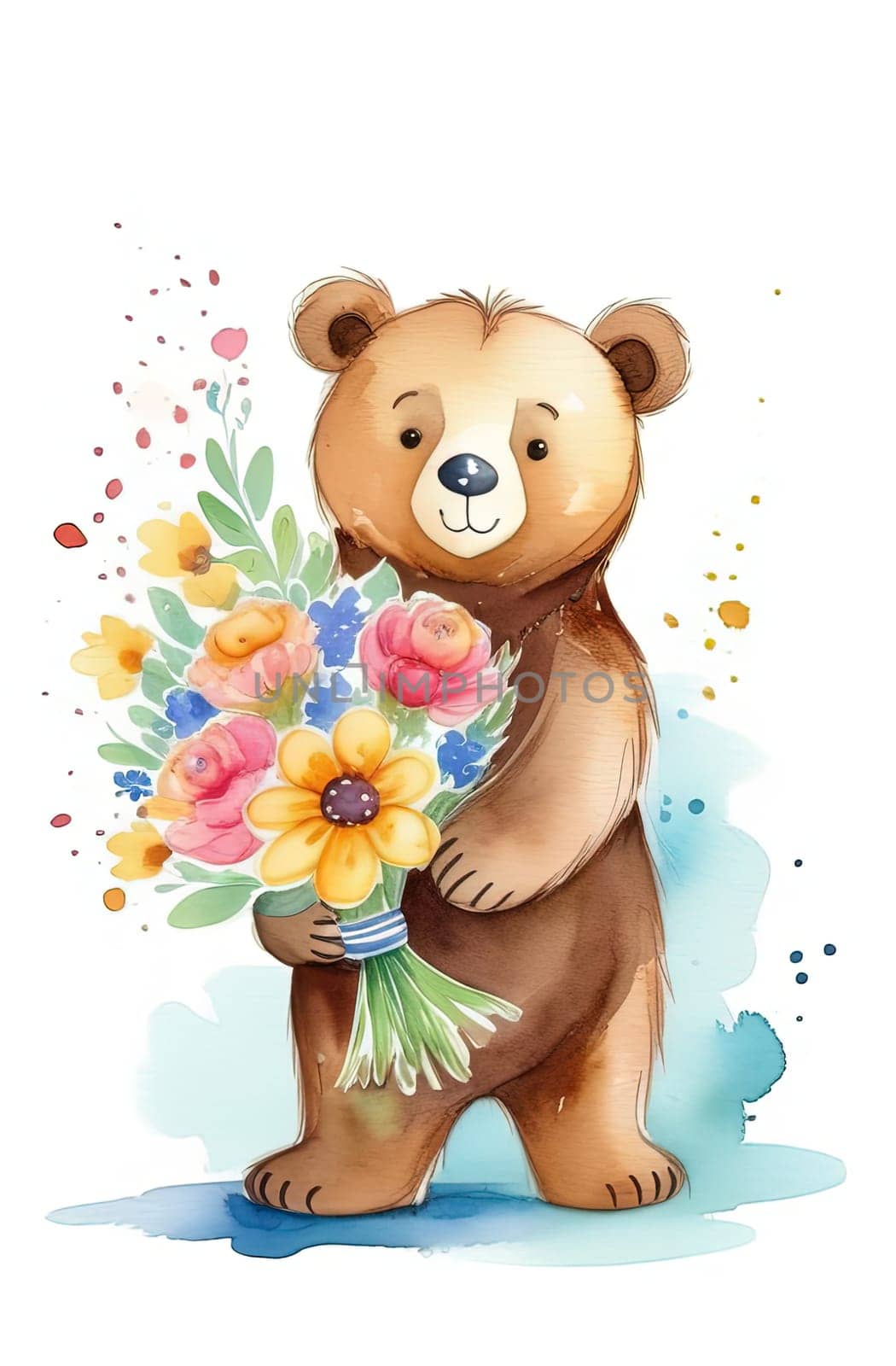 Teddy bear is holding bouquet of flowers isolated on pastel background. Concept of birthday and warmth, affection as teddy bear is symbol of love and comfort. Flowers add touch of beauty, color. by Angelsmoon