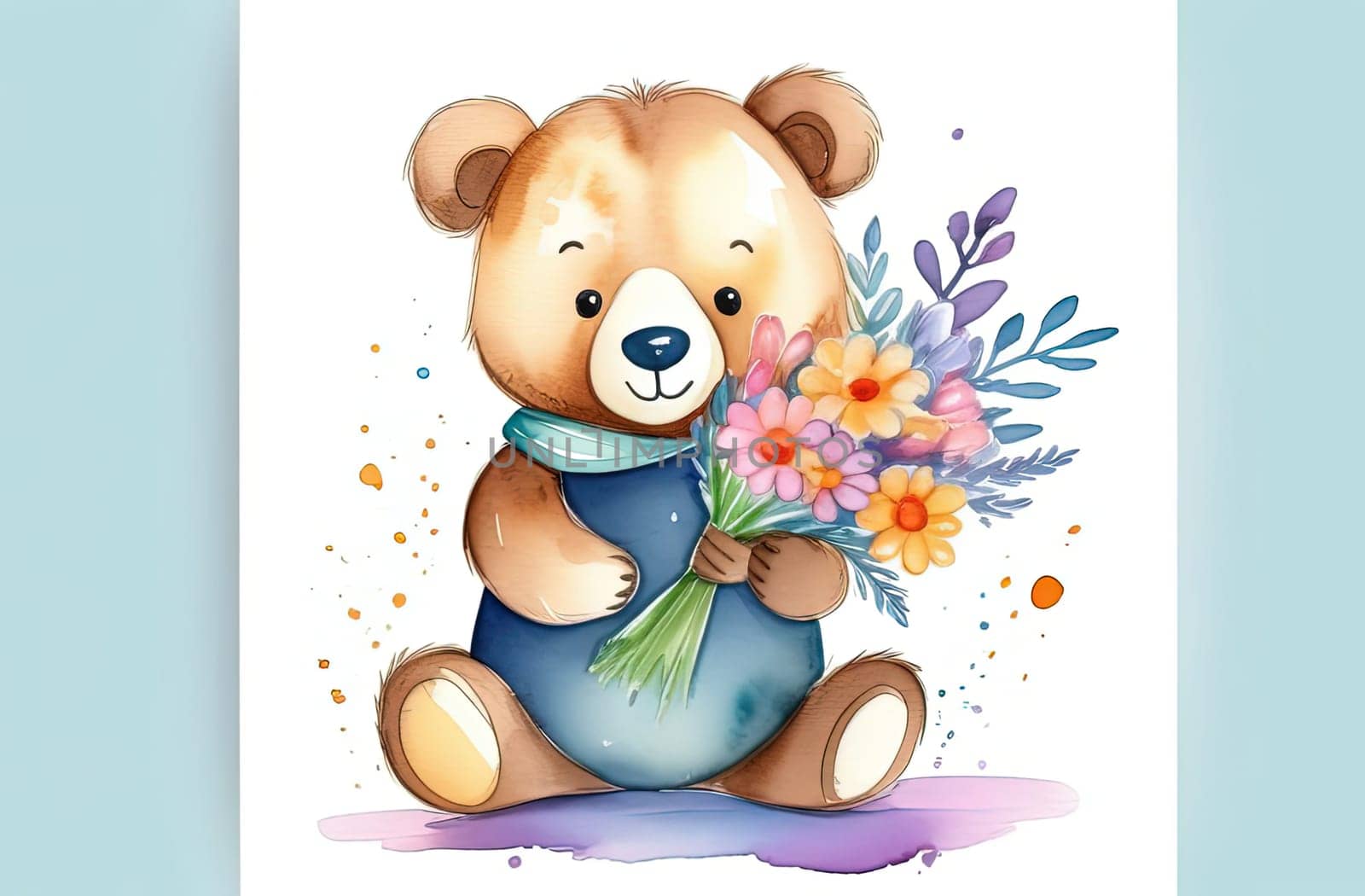 Teddy bear is holding bouquet of flowers isolated on pastel background. Concept of birthday and warmth, affection as teddy bear is symbol of love and comfort. Flowers add touch of beauty, color